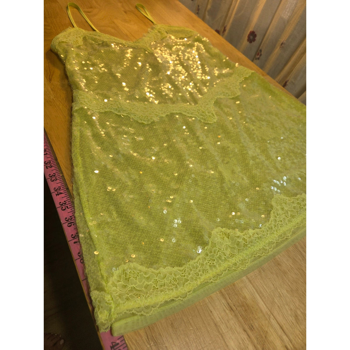 Viral Victoria's Secret lime green spaghetti strap sequin slip dress lace xl