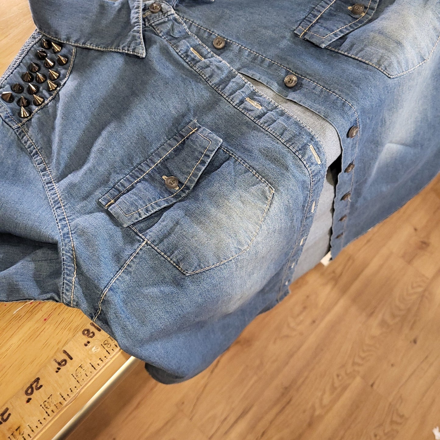 Charlotte Russe Size Medium Denim Button Down Collared Shirt Studded Shoulders