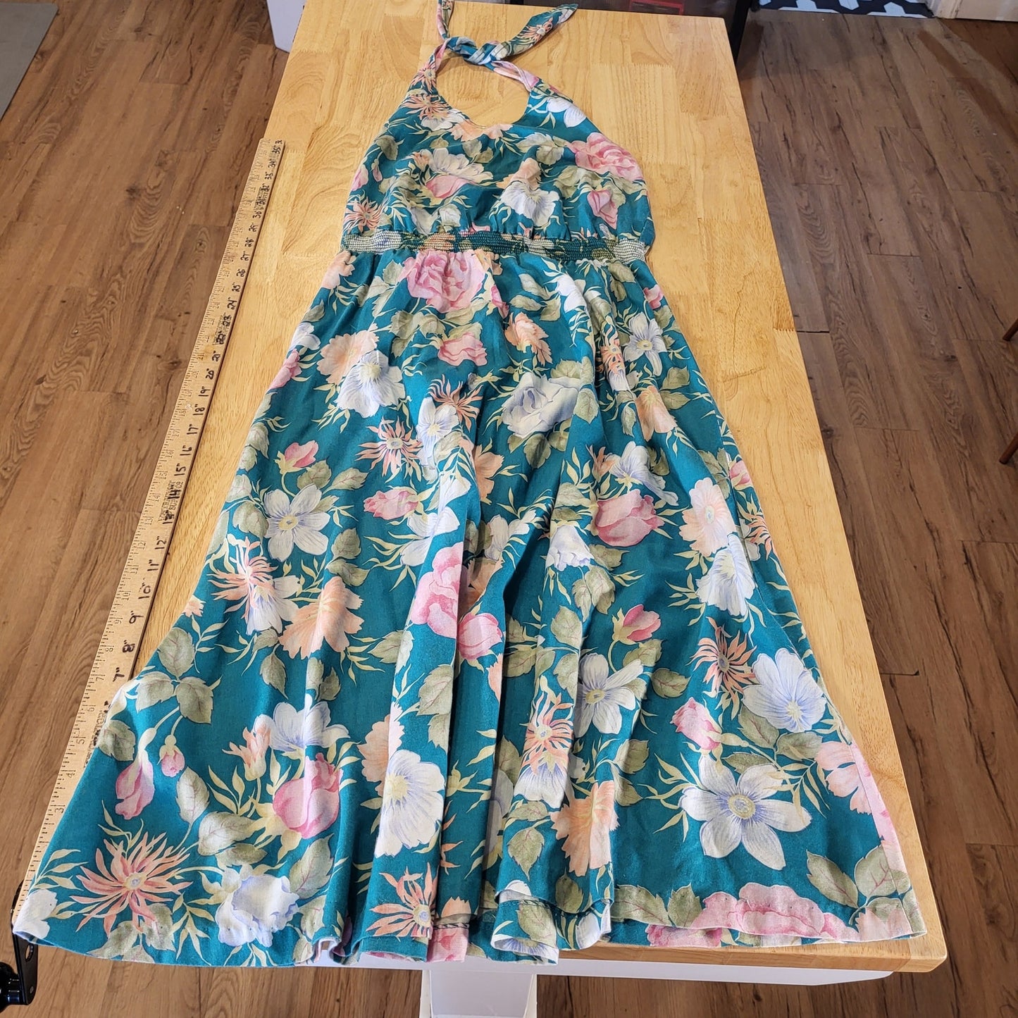 Vintage turquoise Floral halter dress elastic MIDI tie cotton medium