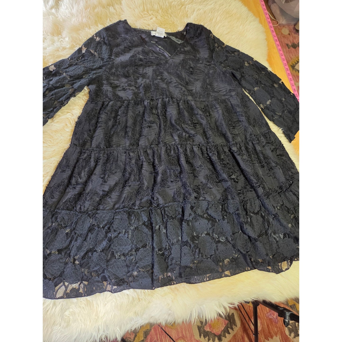 Paisley Vine black lace satin lined bell sleeve a line goth dress v-neck xl