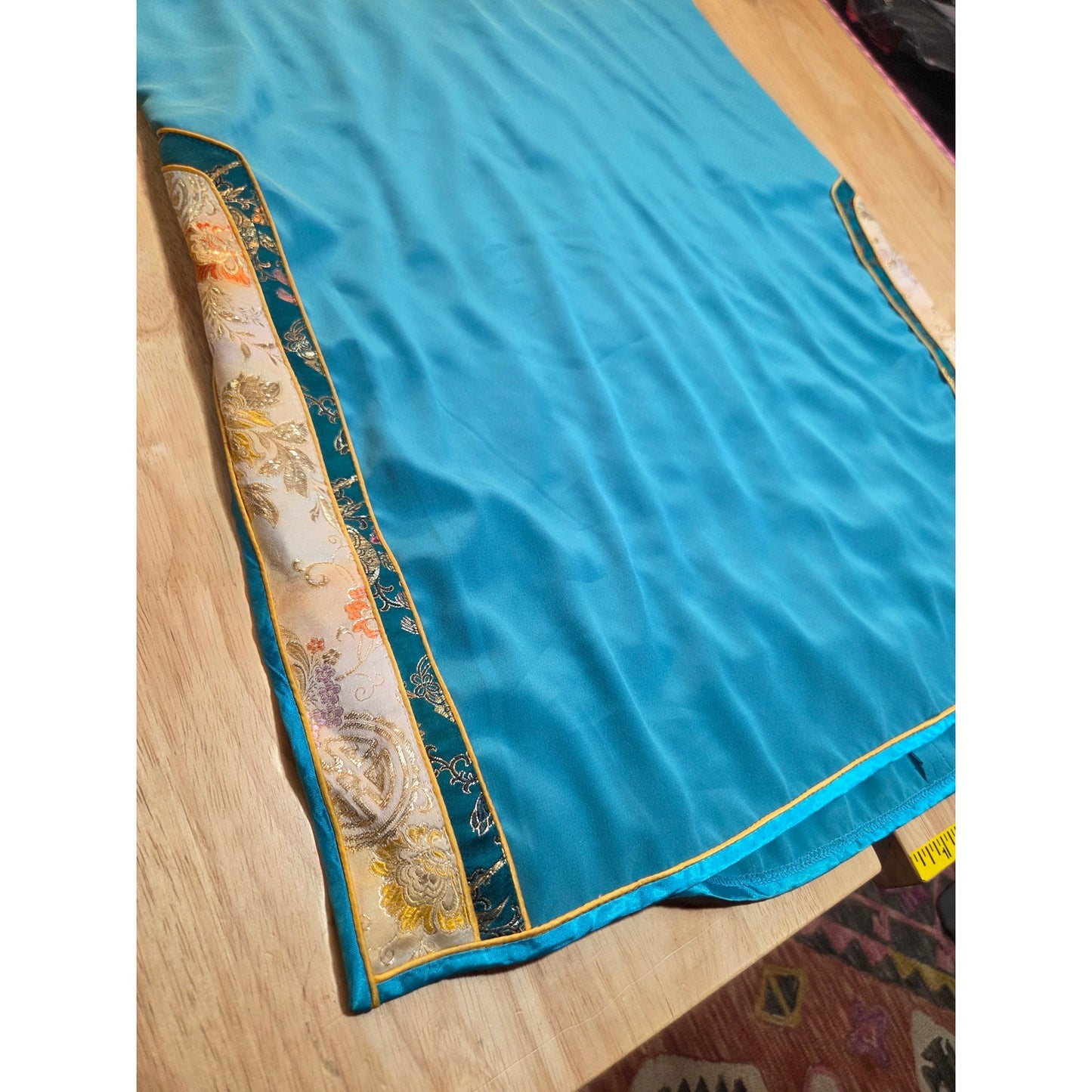 Turquoise blue Chinese traditional dress cap sleeve ornamental trim detail small