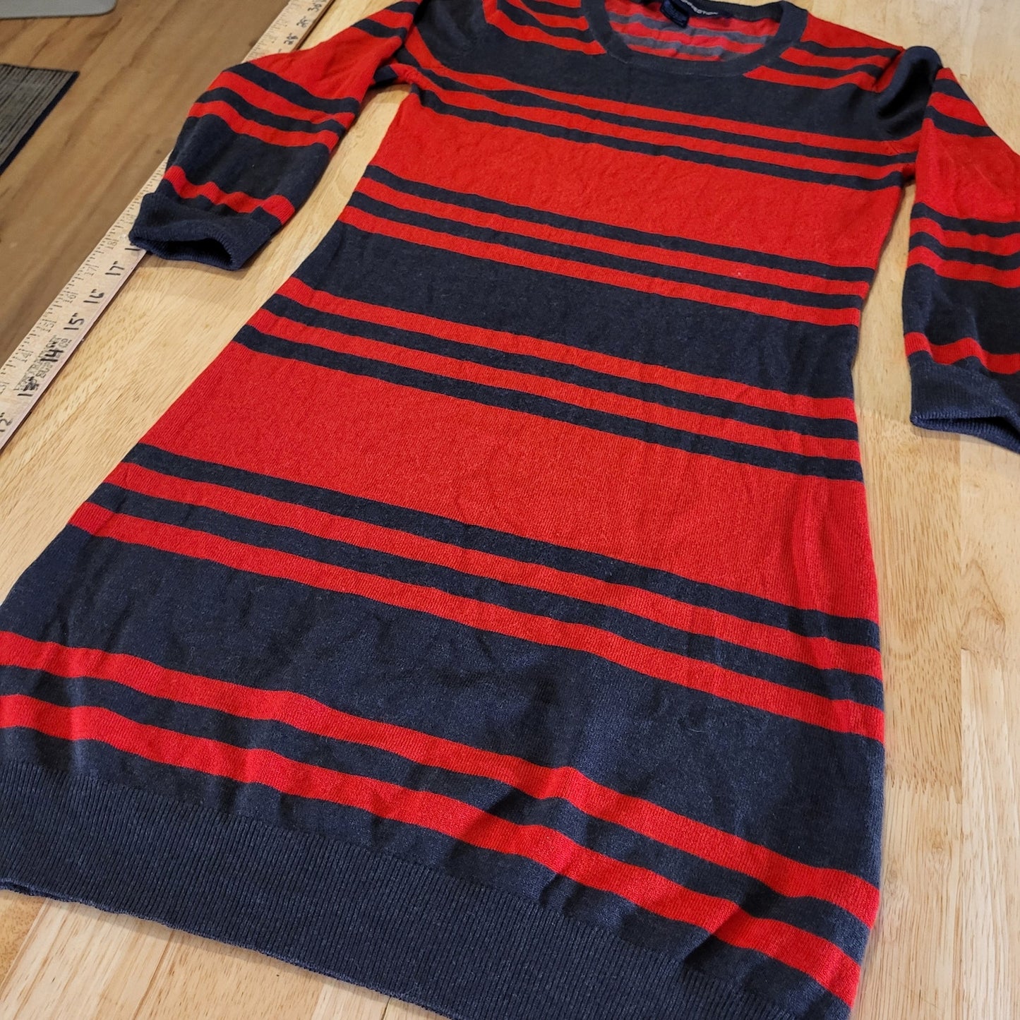 French Connection Red & Gray Striped Long Sleeve Mini Sweater Dress Bodycon Sm