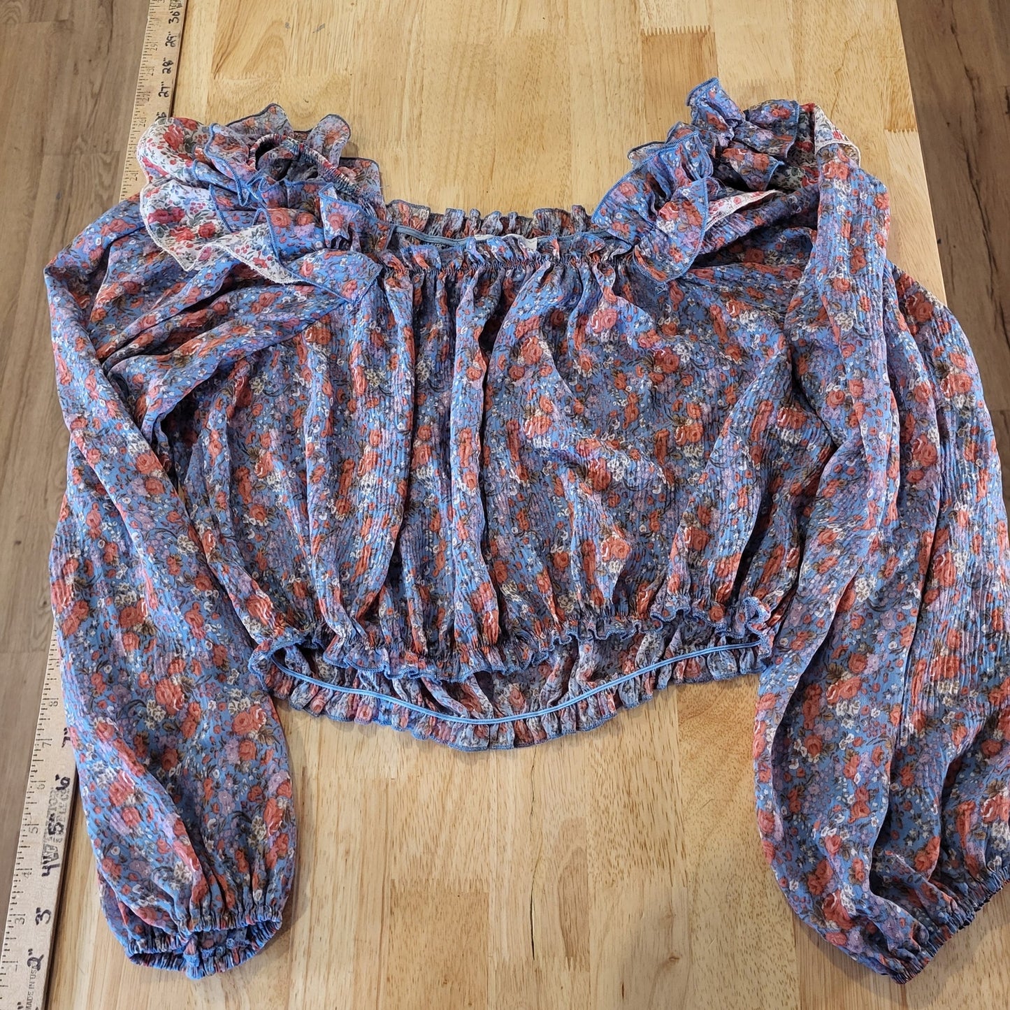 Entro Floral Puff Sleeve Bardot Summer Blouse Ruffle Stretch 21" Medium