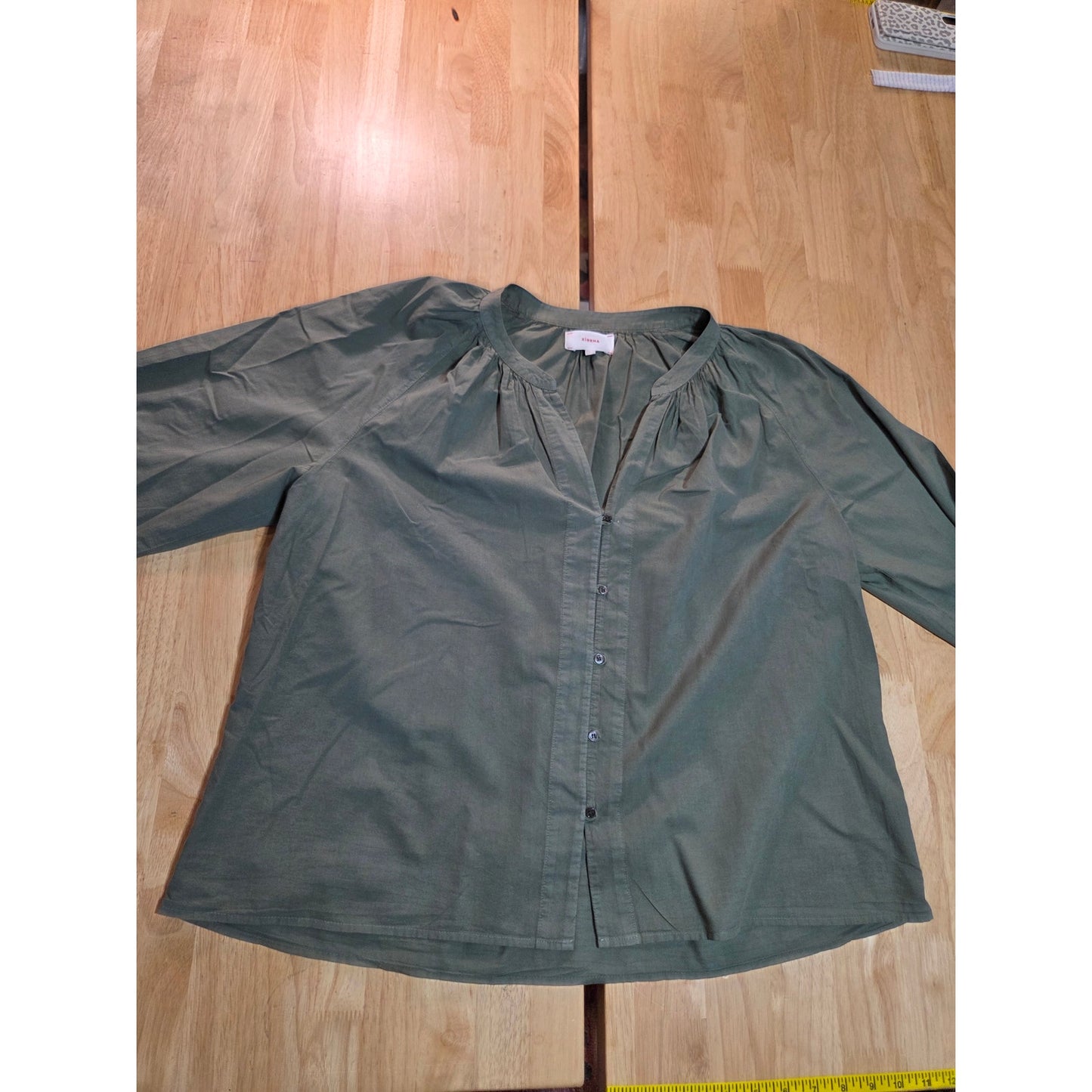 Xirena green army woven long sleeve blouse button front mandarin collar size lg