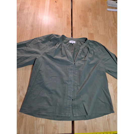 Xirena green army woven long sleeve blouse button front mandarin collar size lg