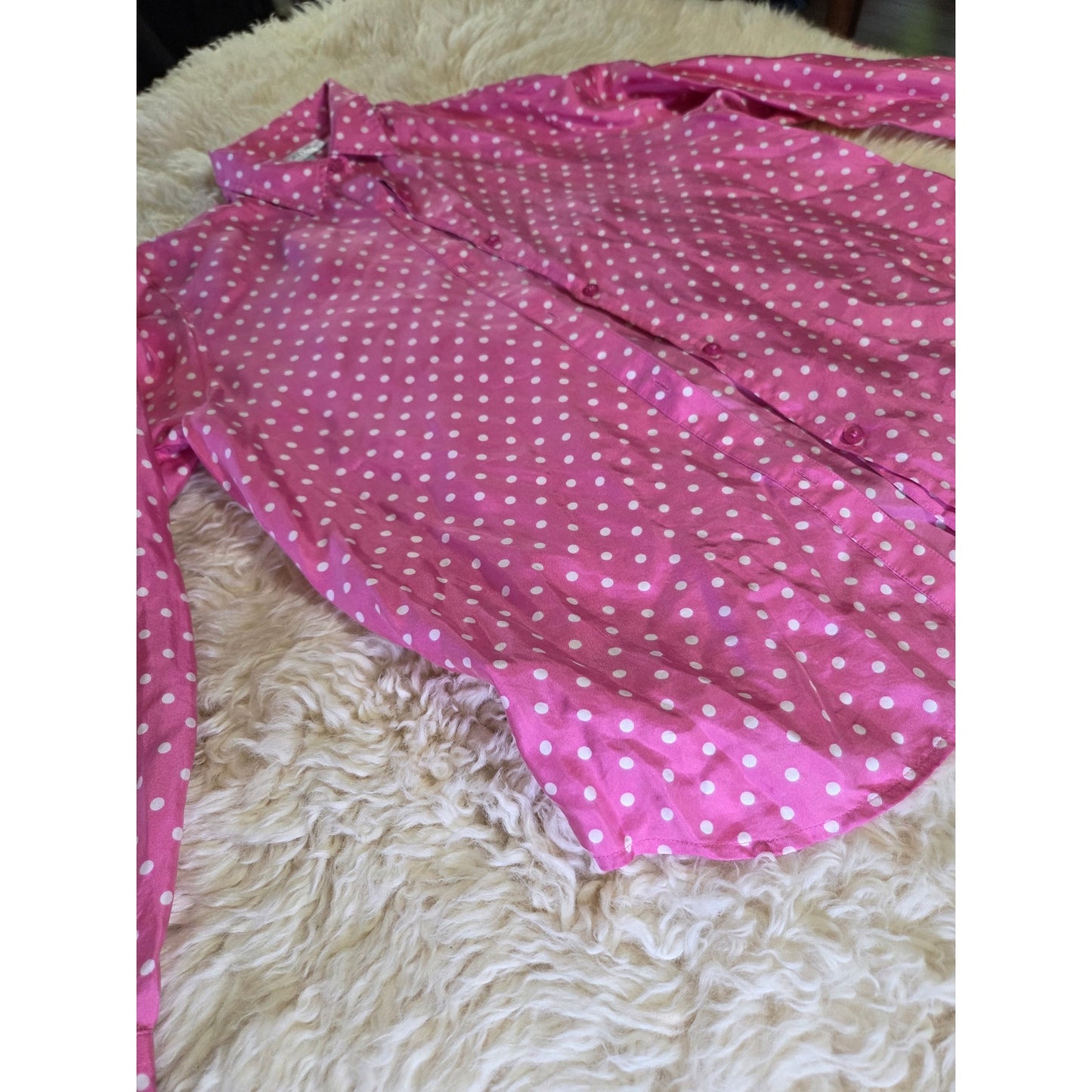Vintage Jones New York Country PINK 100% Silk Polka dot Blouse Collared M