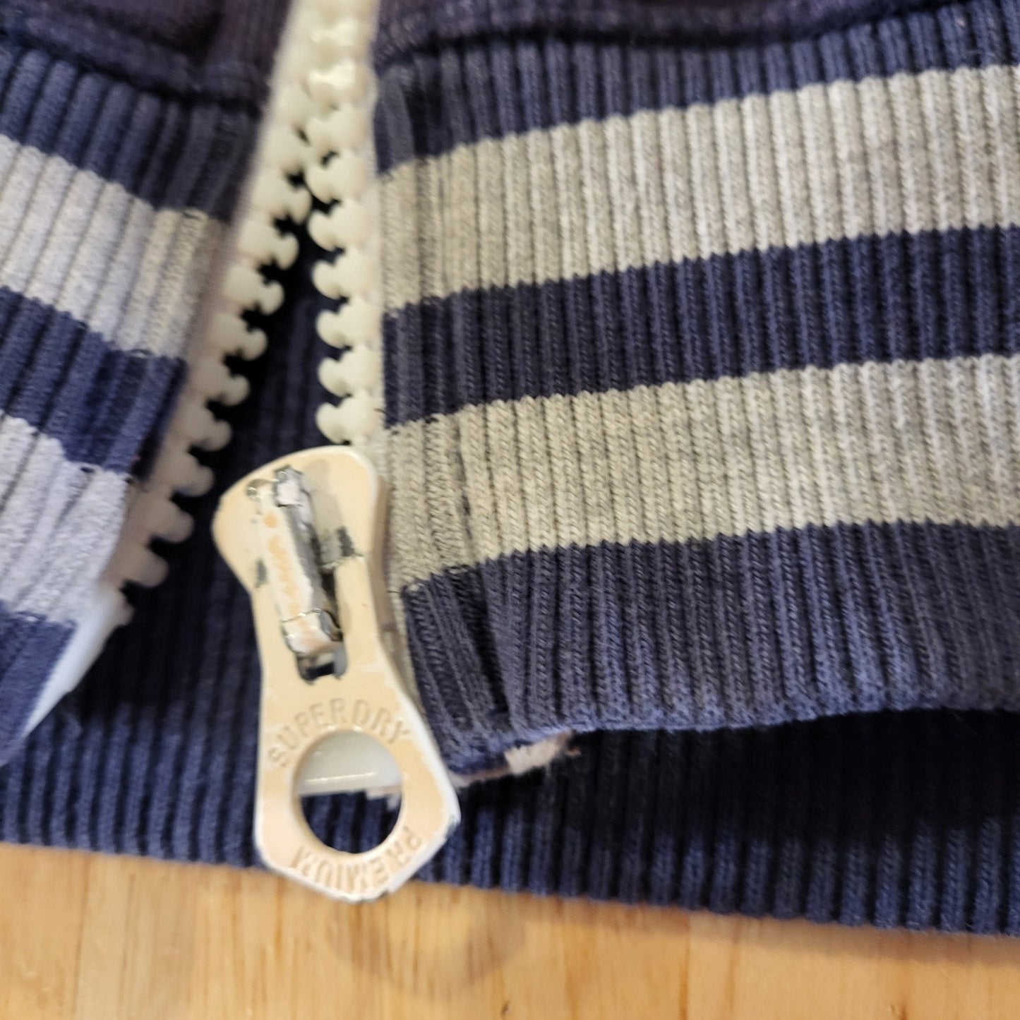 Super dry gray and blue zip hoodie embossed detail printed Hood pockets x-small