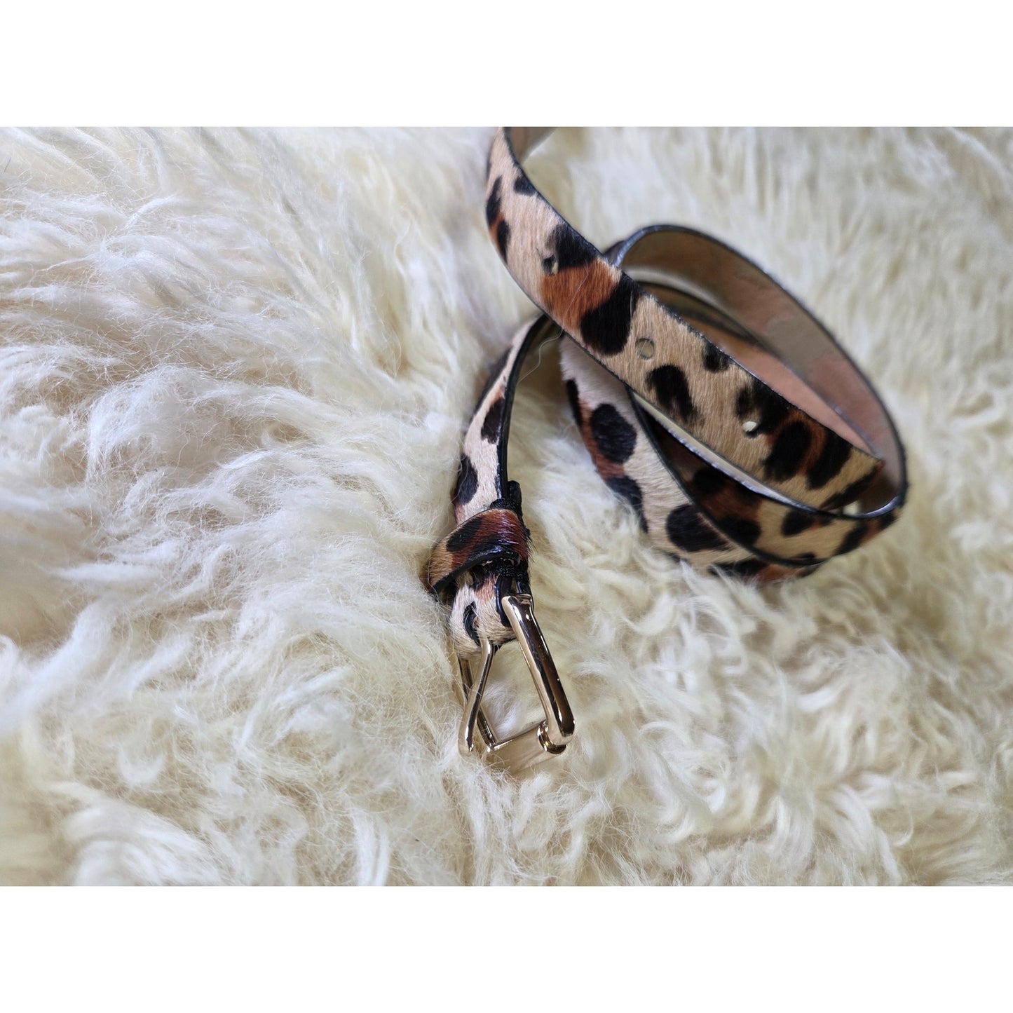Leopard print calfskin belt half inch gold Hardware 42" Long