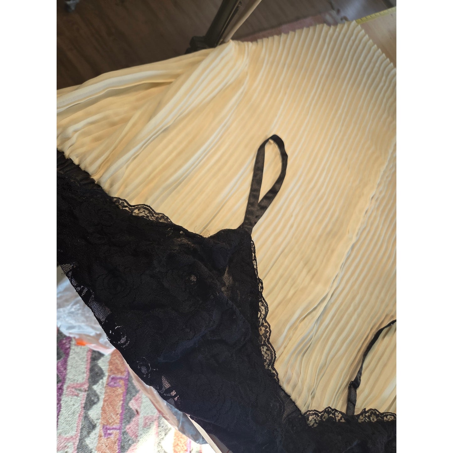 Amoureuse 5x Plus Size Teddy Nightgown Cream Pleated Black lace adjustable strap