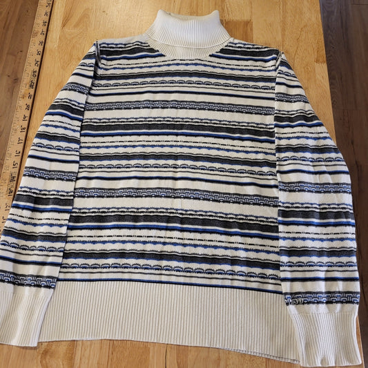 Izod Cotton White Blue Striped Wave Turtle Neck Sweater Large
