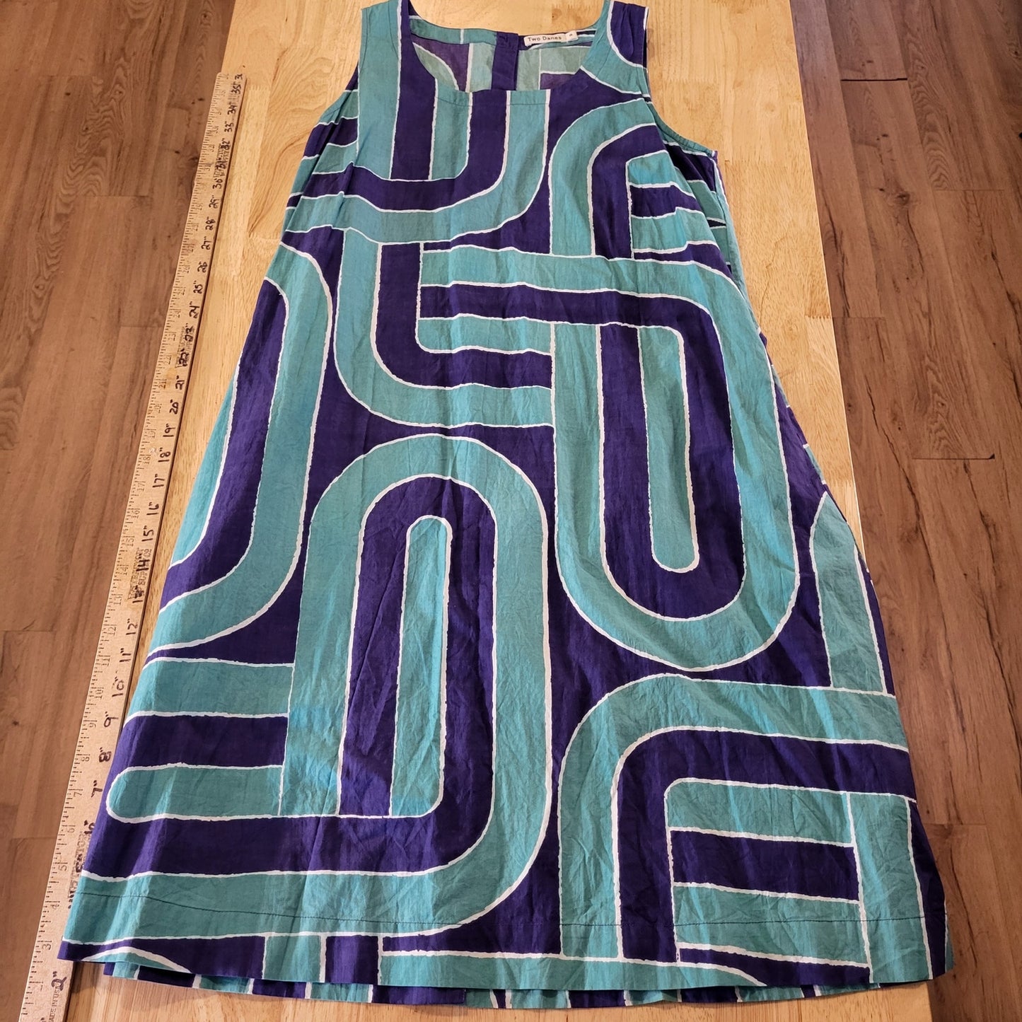 Two Danes Cotton Sleeveless Midi Pocket Blue Geometric Print Button Back xs