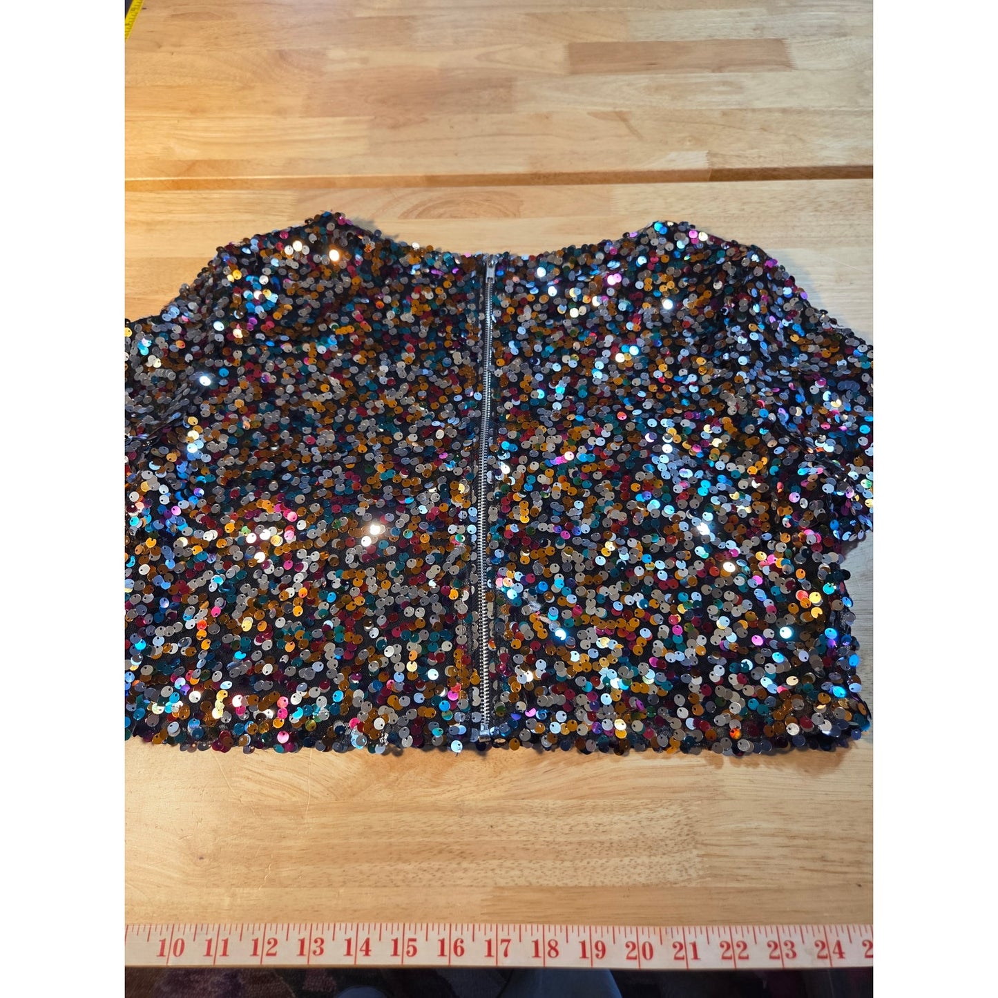 Charlotte Russe extra large sequin crop short sleeve party blouse colorful disco