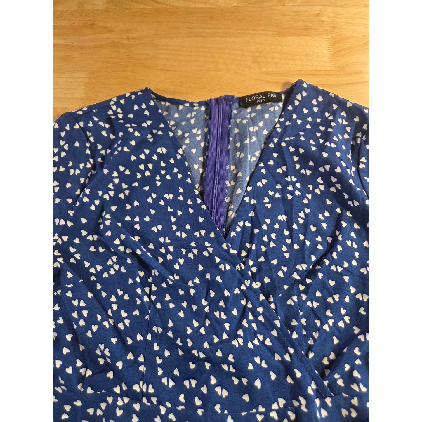 Floral Pig Blue Heart Print Dress Keyhole Puff Sleeve Detail Faux Wrap M