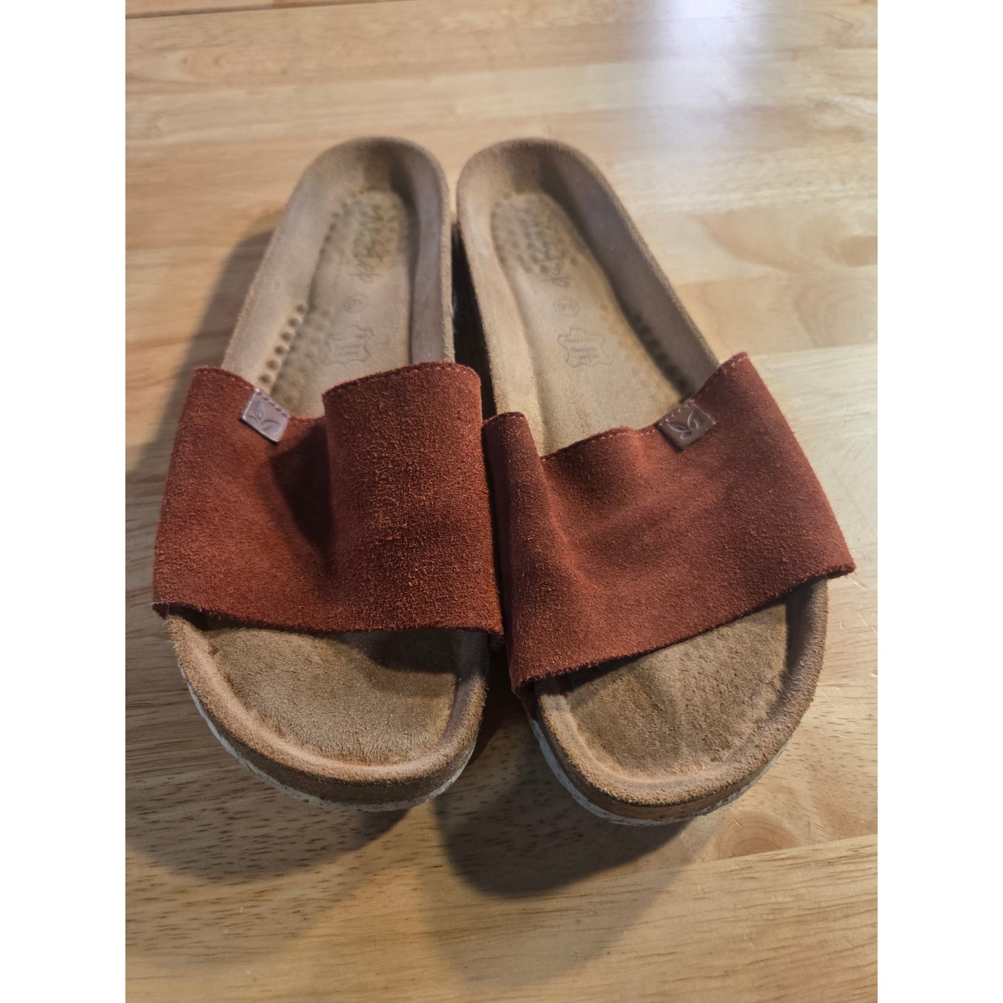 Biostep Genuine Suede Brown Leather Cork Sole Slides Size 9.5 Lots of life left