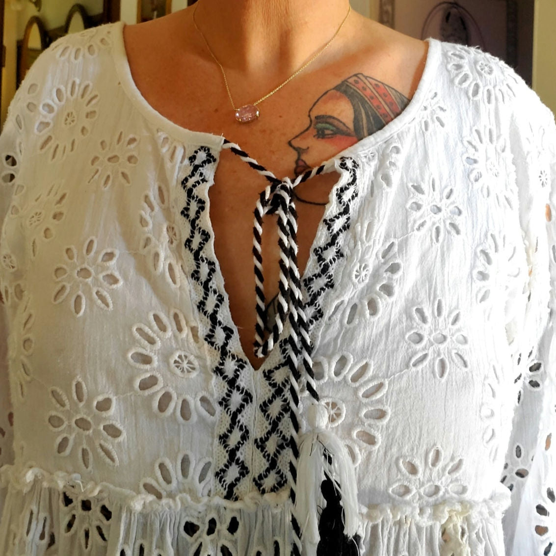 Fashion Fuse White Eyeletted Cotton Tiered Bell Sleeve Dress Blue Trim Large