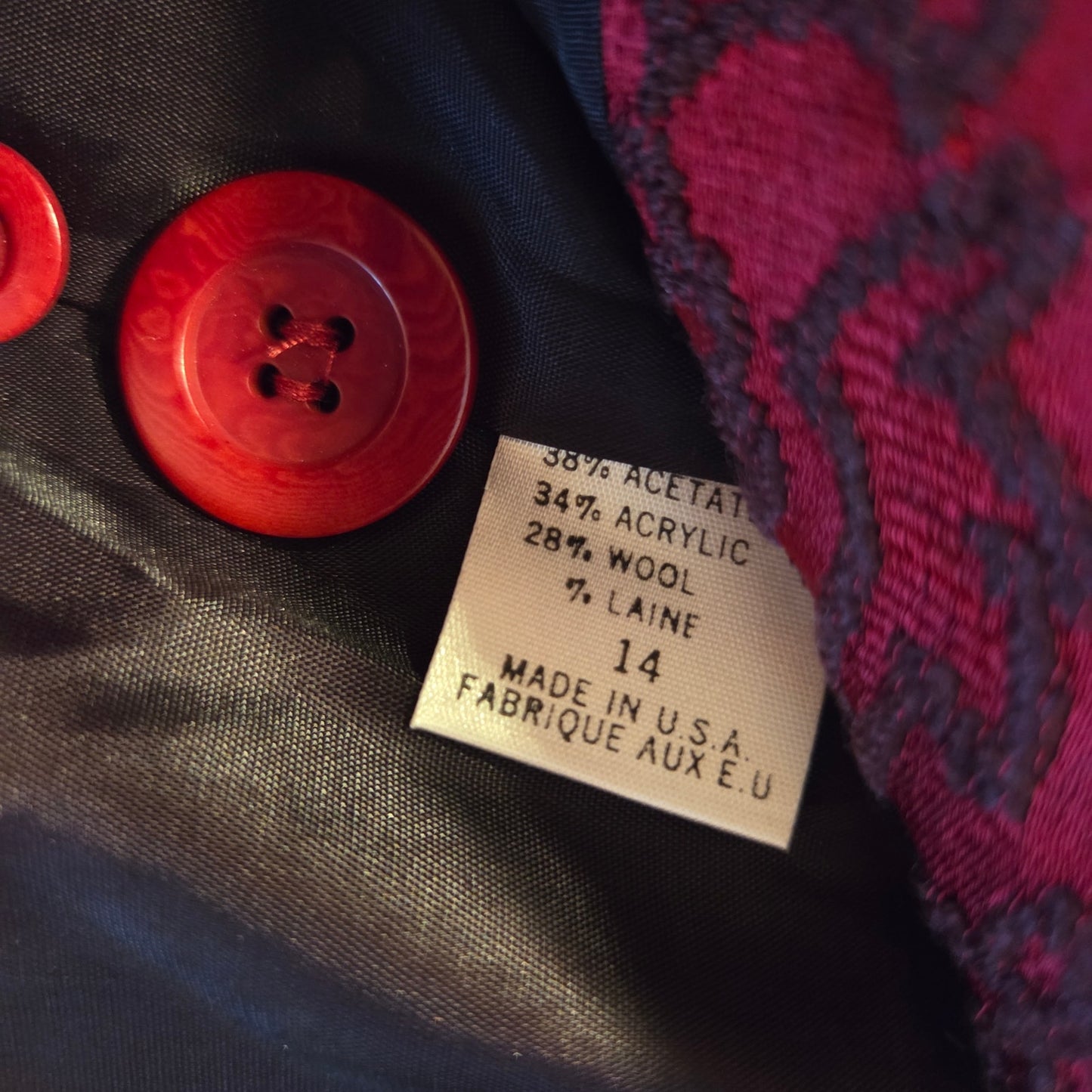Tahari red blazer black embroidery size 14 lined wool blend