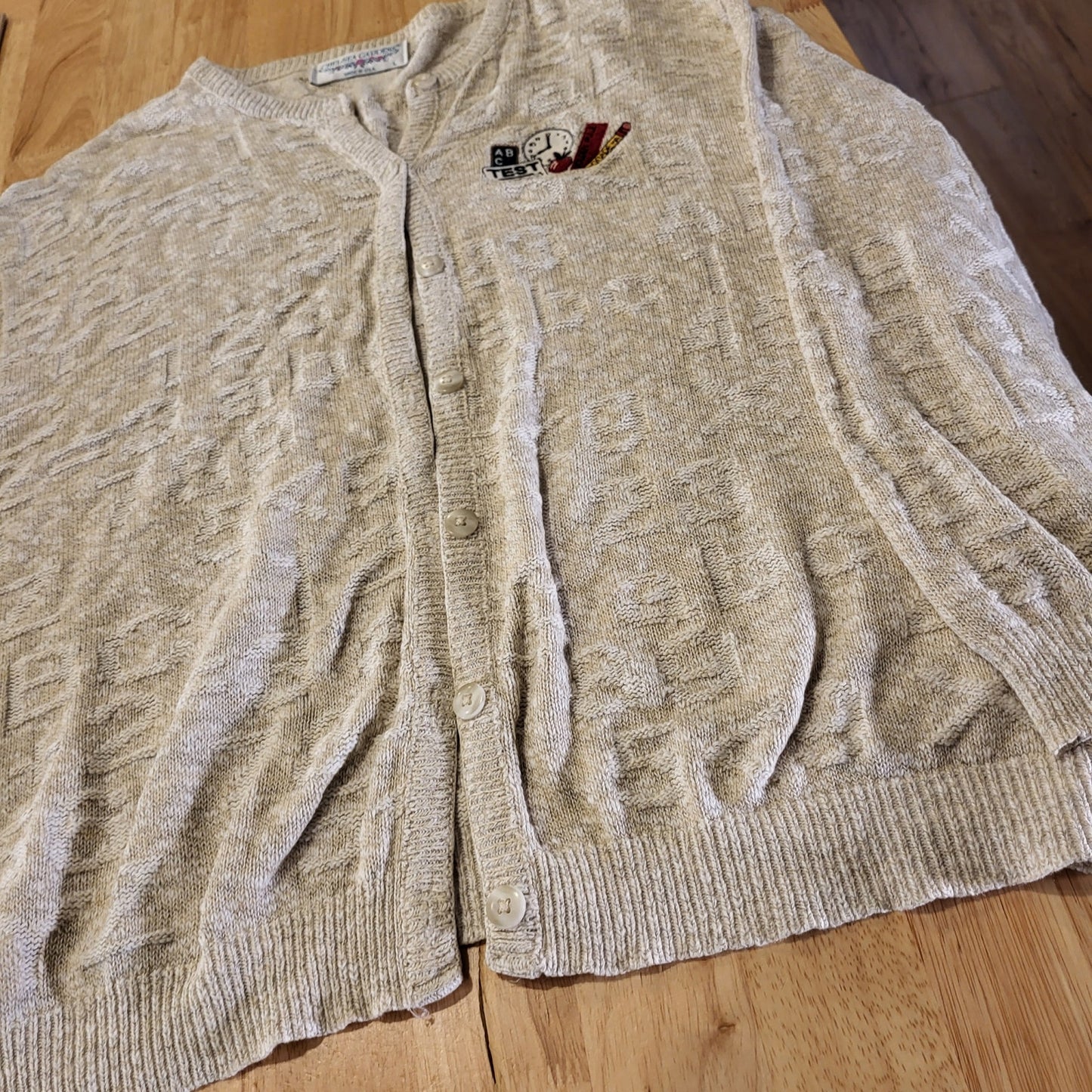 Vintage Teacher Alphabet Embossed Sweater Beige Embroidered Cardigan USA Made L