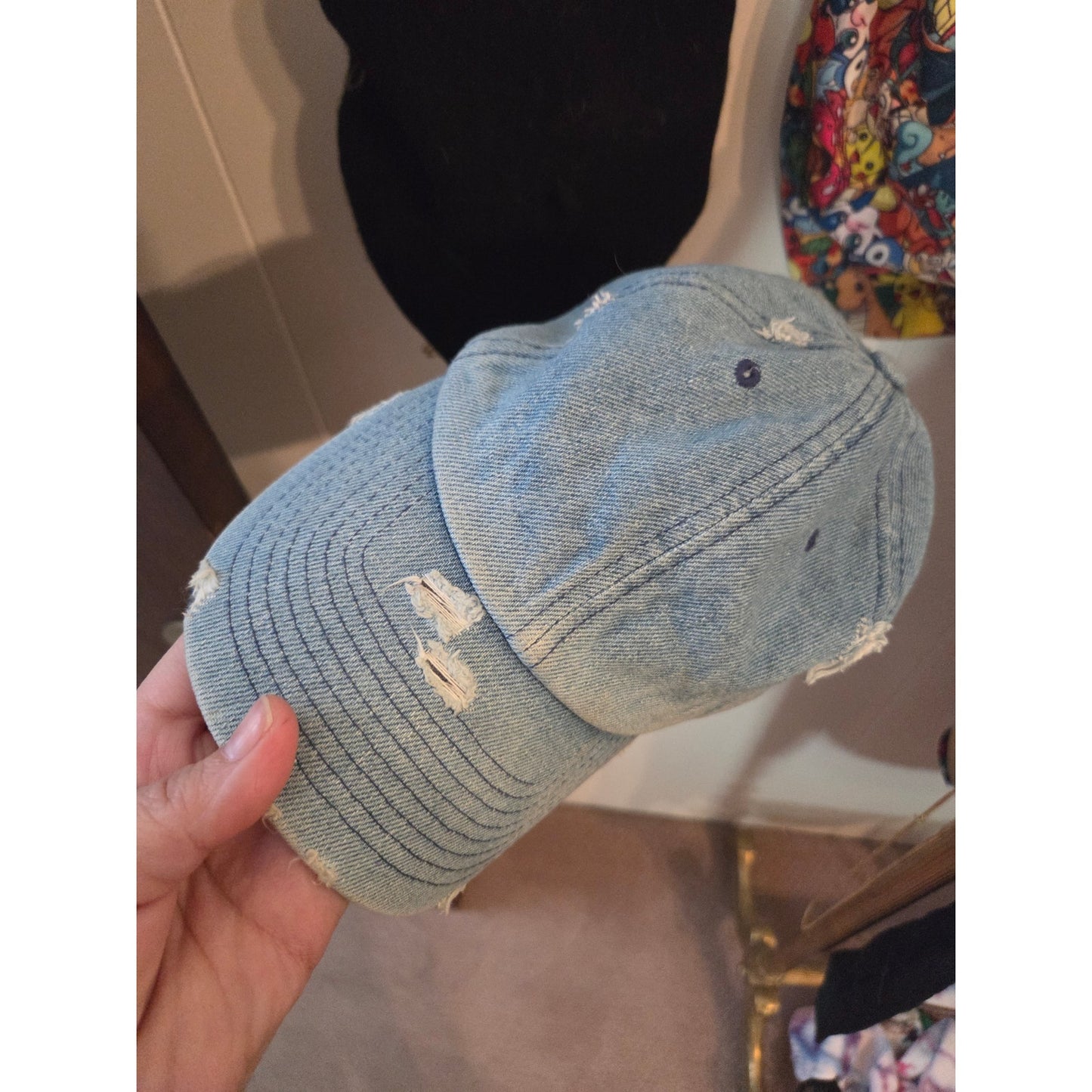 Kbethos Vintage light wash denim distressed adjustable baseball hat