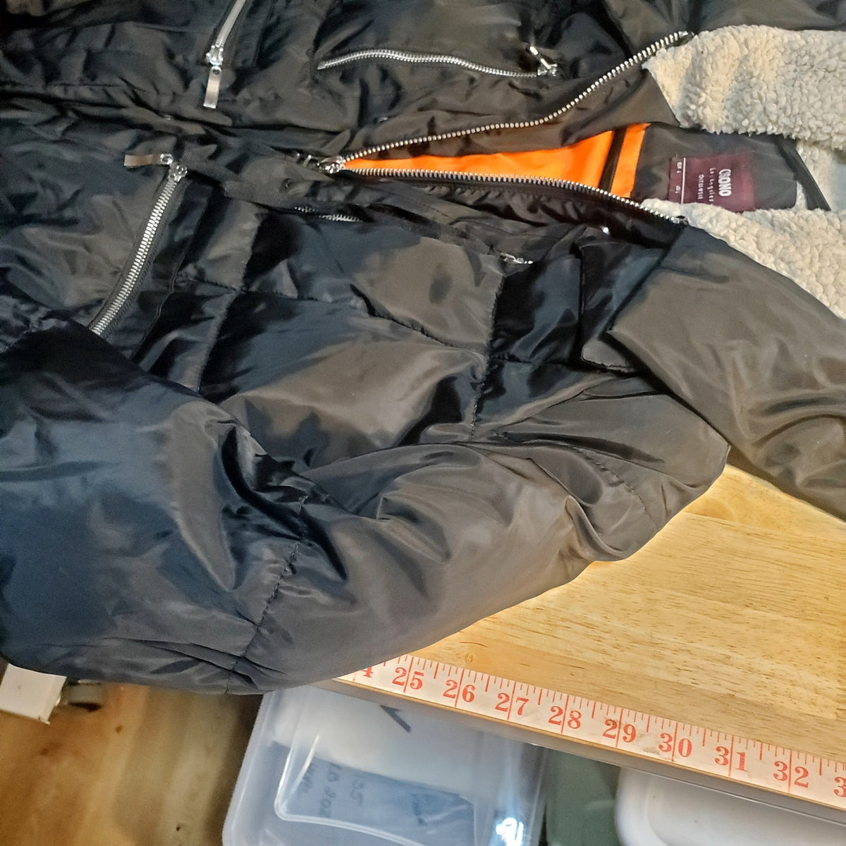 Ci Sono Black Viral Puffer Jacket Orange lining Shearling Hood Silver Zip Large