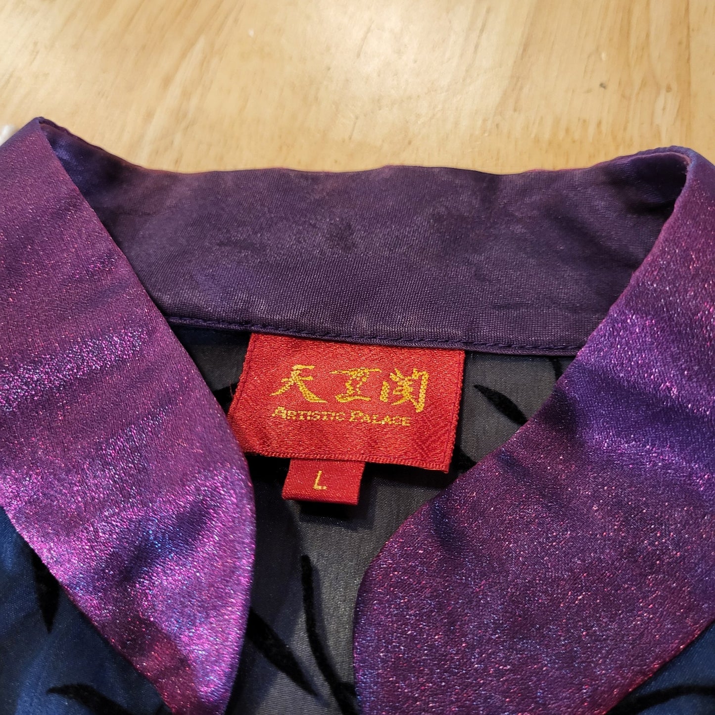 Blue Sheer Botanical Patterned Mandarin Collar Chinese Purple Embroidered Cuffs