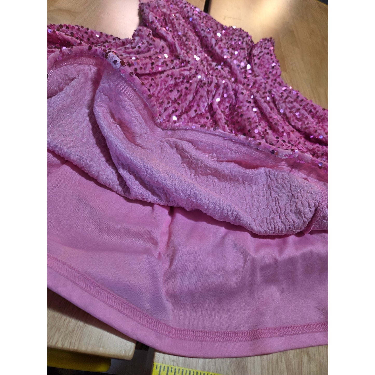 Faeriesty 1 shoulder Skater Mini Dress Elastic Waist Pink Velvet Sequin