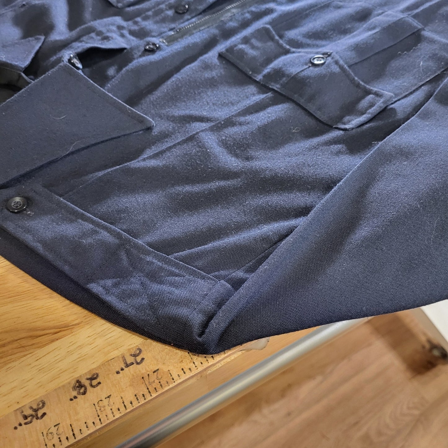 Vintage Flying Cross Dacron Rayon Blend Navy Blue Faux Button Zip 26" P2P
