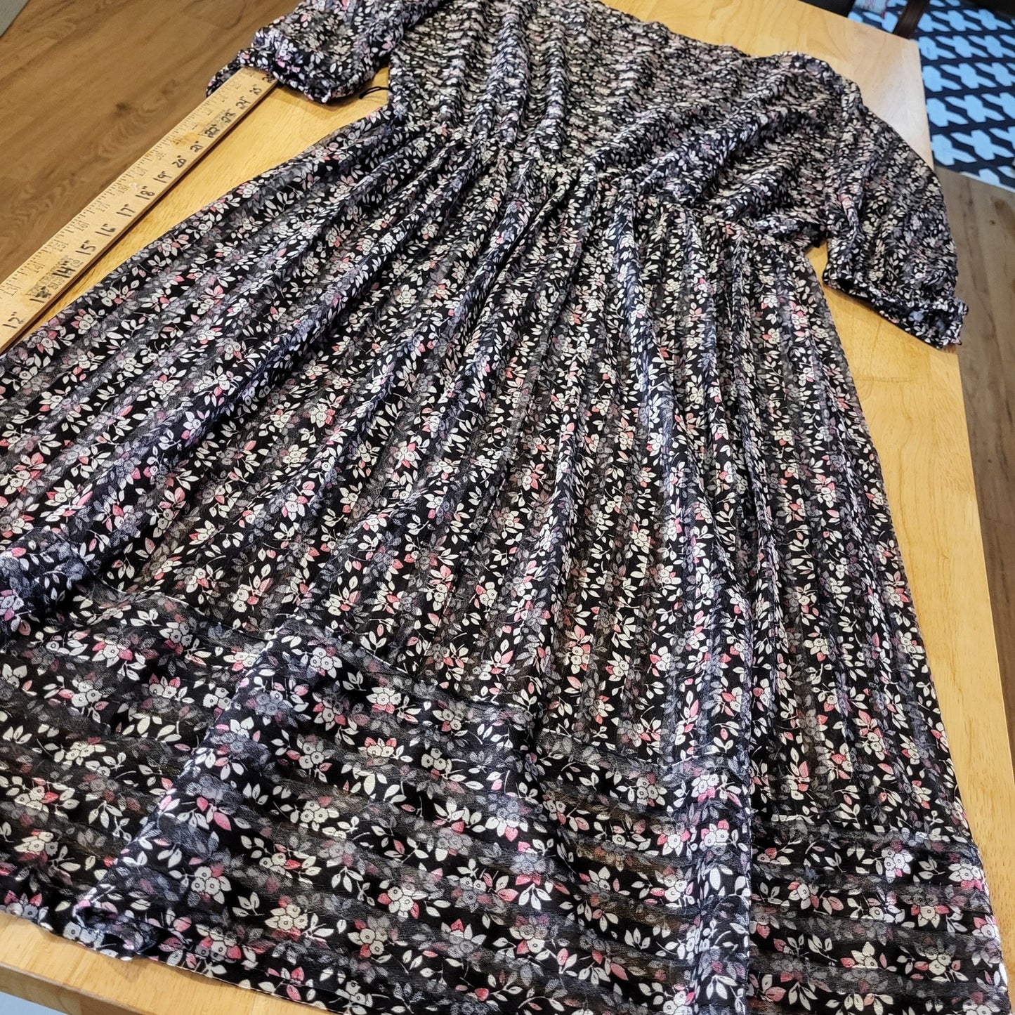 Vintage Sheer Stripe Black Floral Dress Elastic Waist Midi Long Sleeve 28" Waist