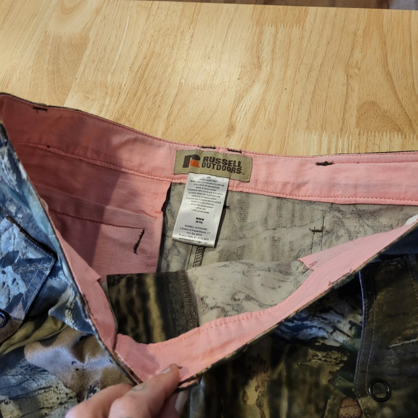 Russel Outdoors M 8/10 Camouflage Straight Leg Cargo Pants Pink Lining Zip Snap
