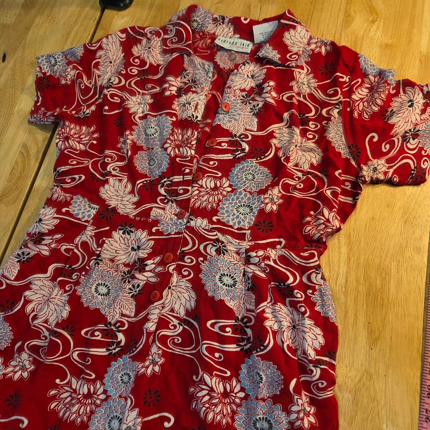 Bedford Fair Lifestyles petite large red Asian print rayon jumpsuit collared