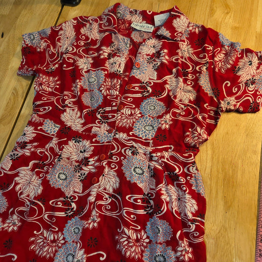Bedford Fair Lifestyles petite large red Asian print rayon jumpsuit collared