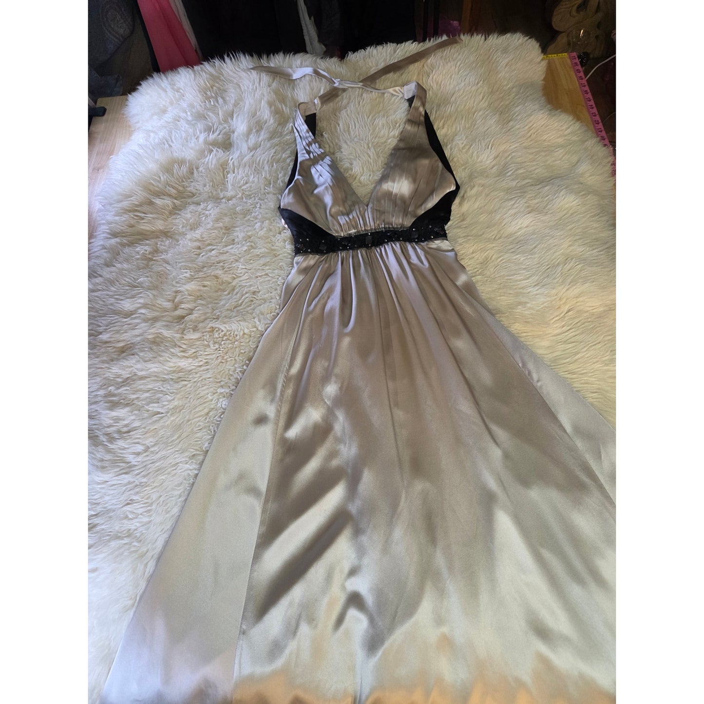 BCBGMAXAZRIA 100% Silk Satin Sleeveless Formal Gown Taupe Black Rhinestones 2