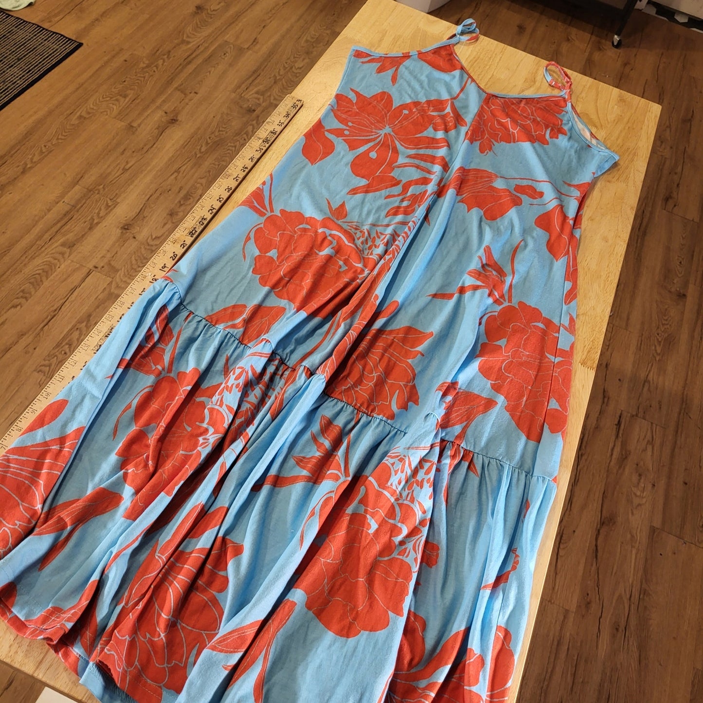 Noracora Orange Blue Floral Jersey Maxi Spaghetti Strap Dress Adjustable XL