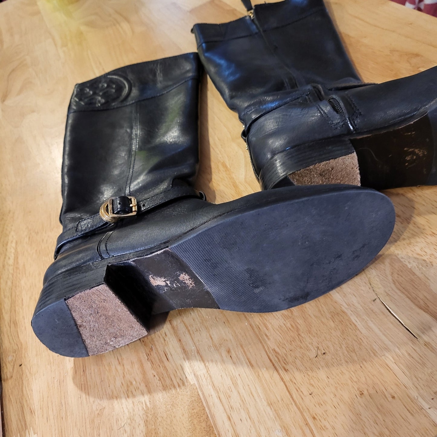 Tory Burch Black Leather Riding Boots Gold Hardware Embossed Stitched 8M