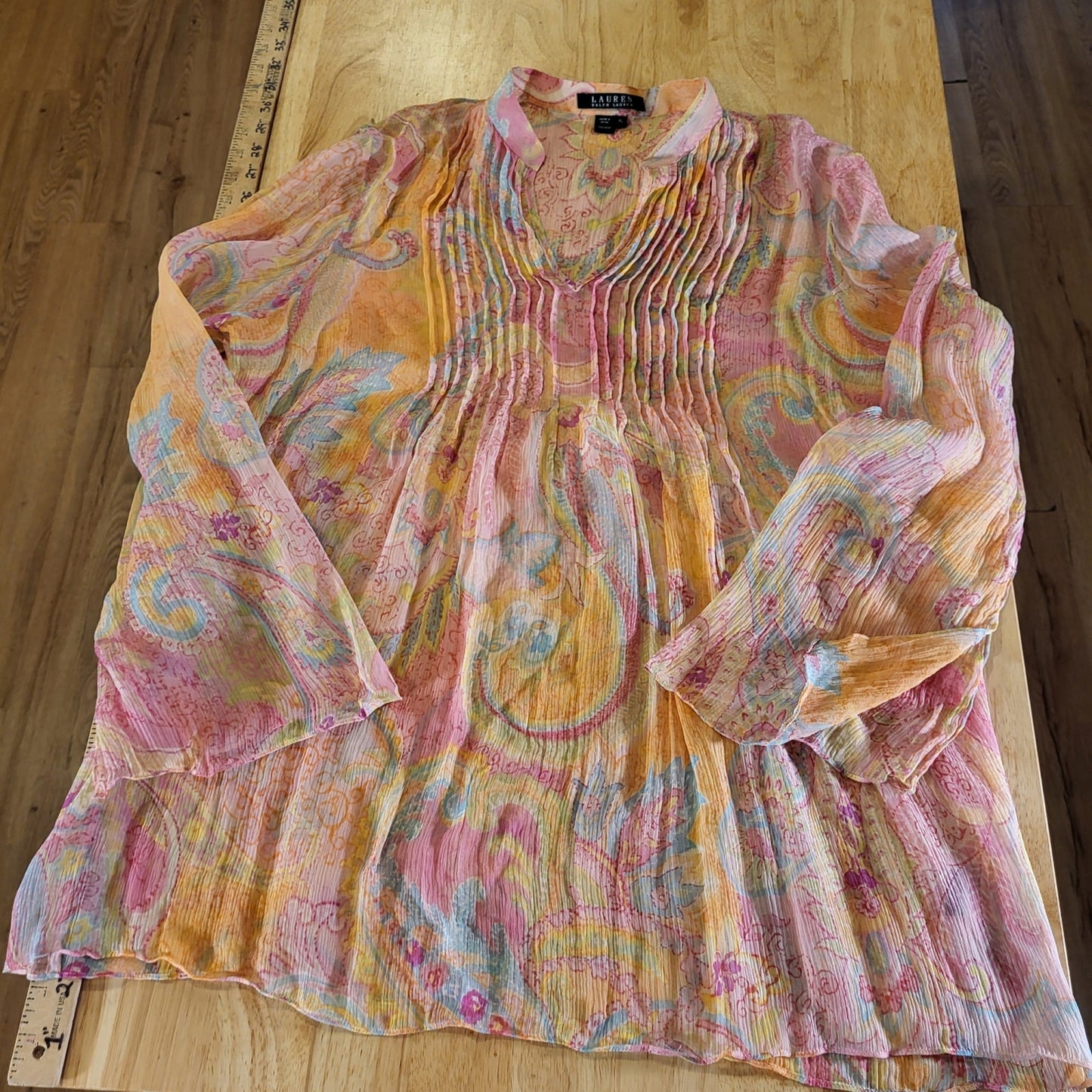 Ralph Lauren 100% Silk PINK Sheer Paisley Collared Button Down Blouse Size XL