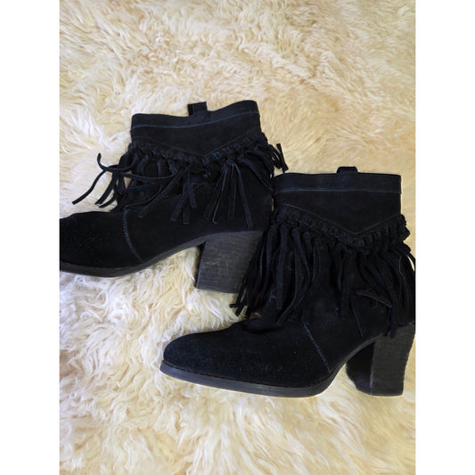Sbicca Black Suede Leather Western Shortie Booties Fringe Size 9 Fits 9.5