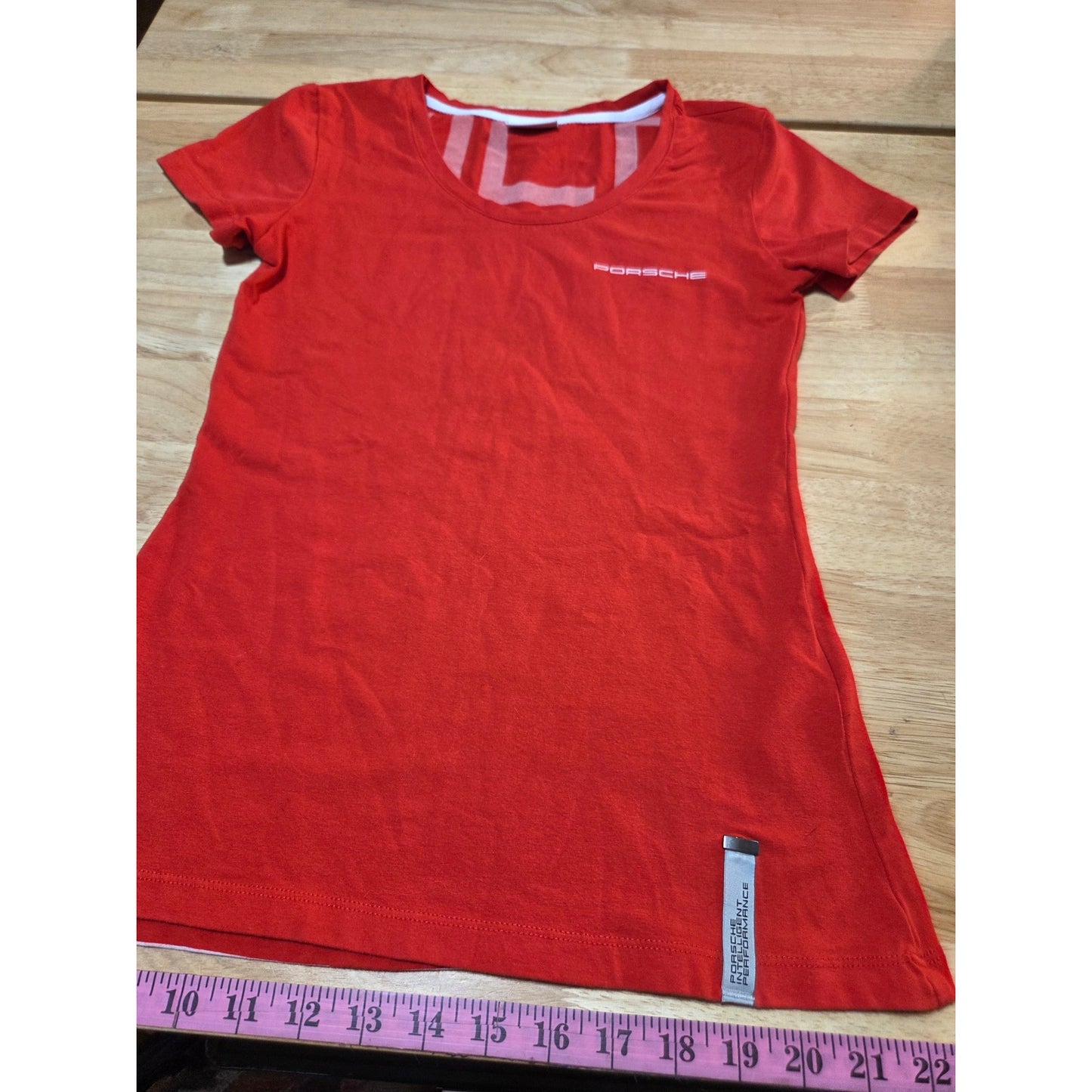 Porsche red cap sleeve v-neck women's t-shirt graphic print white logo small