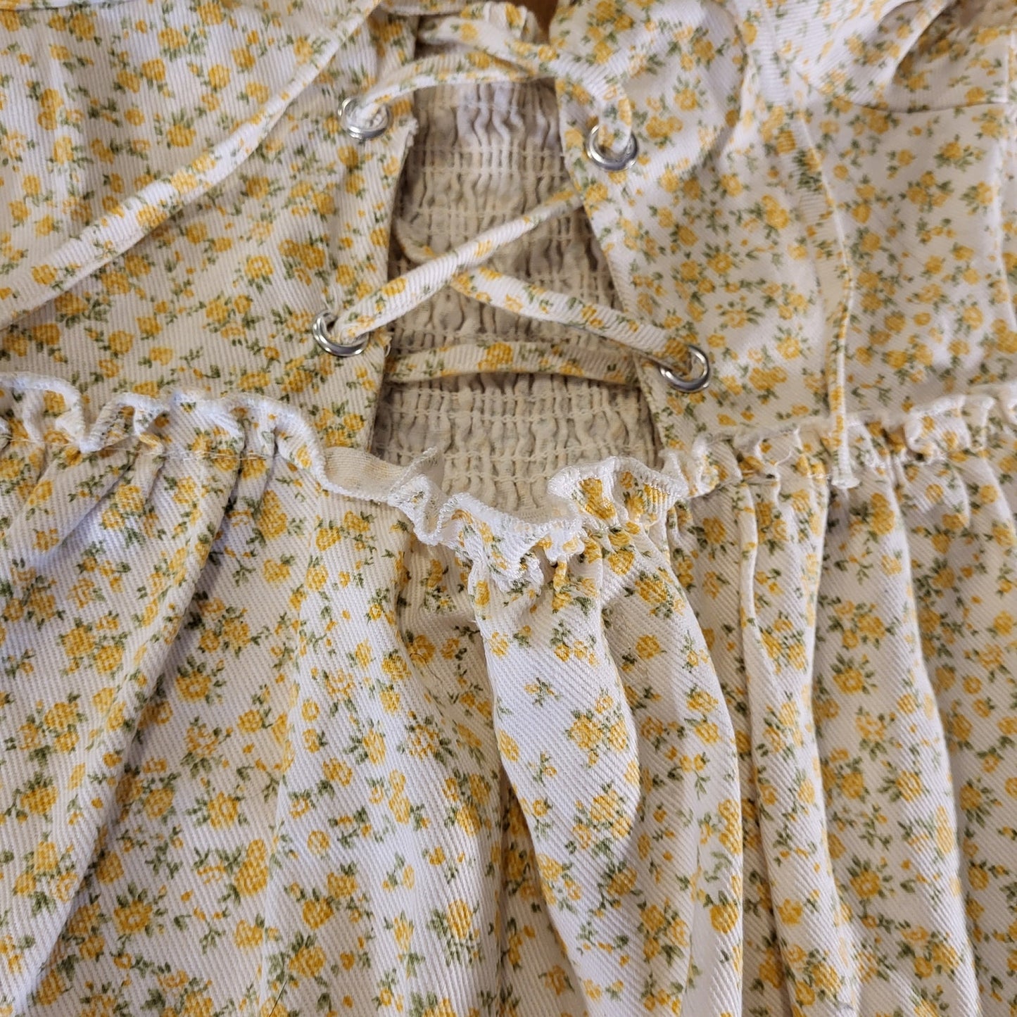 American Eagle Outfitters White Denim Yellow Flower Dress Laced Front Stretch
