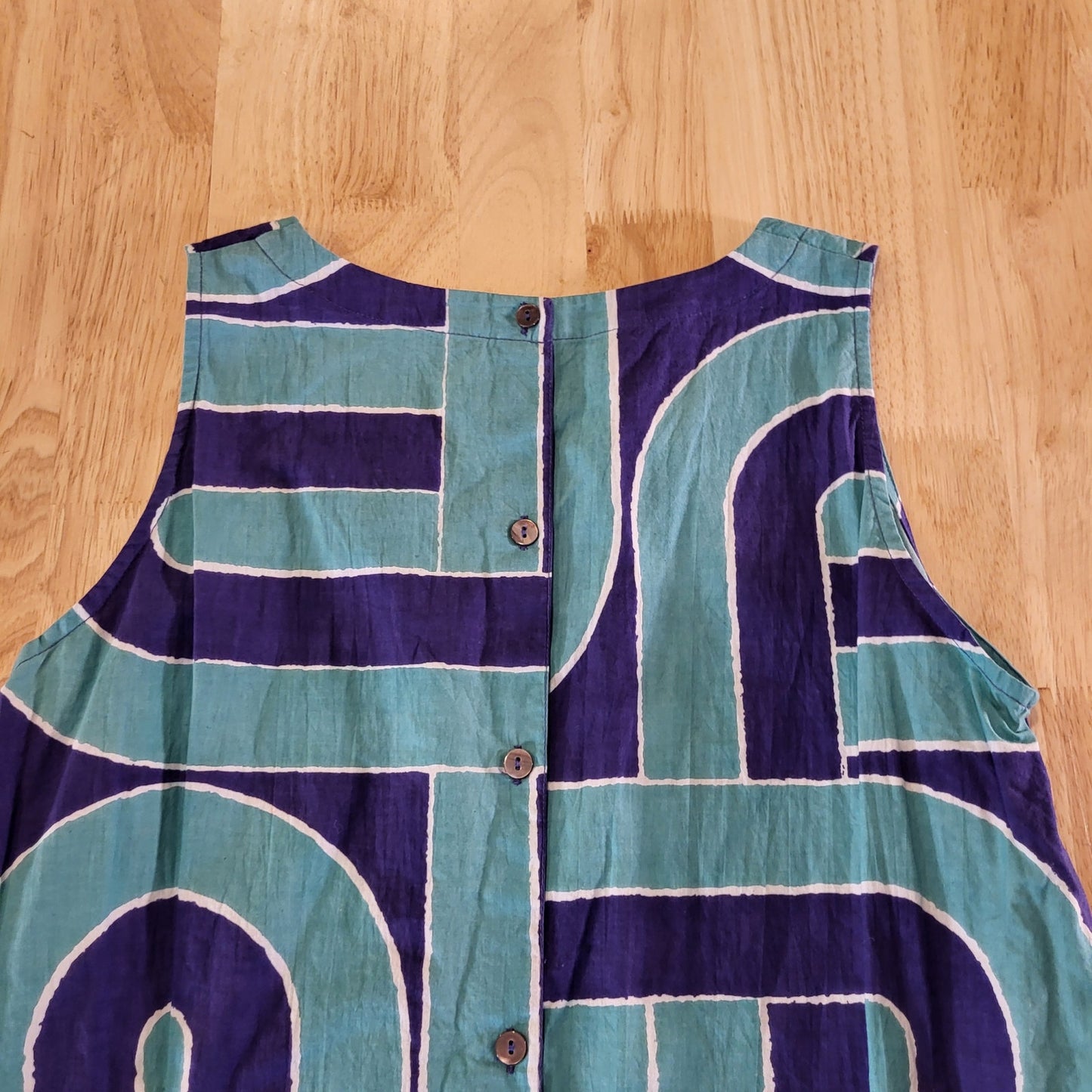 Two Danes Cotton Sleeveless Midi Pocket Blue Geometric Print Button Back xs
