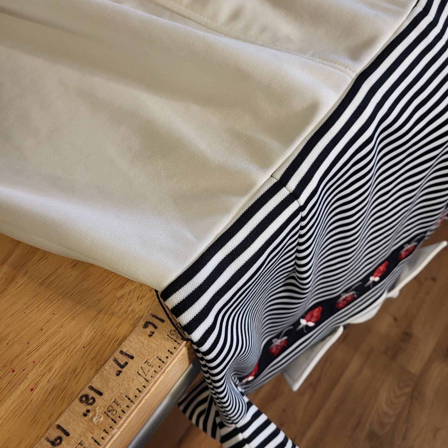 Vintage Polyester Black White Striped Strawberry Collared Short Sleeve