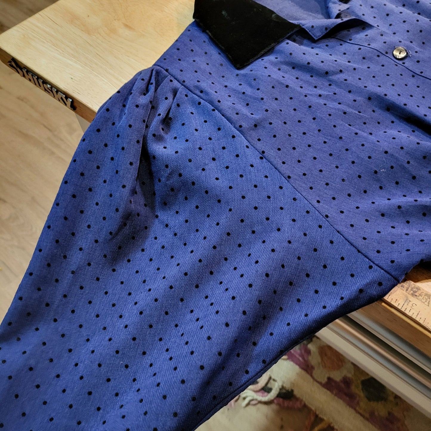Vintage Blue Black Polka Dot Dress Pockets Collar Pencil Skirt Sprity Sz 38