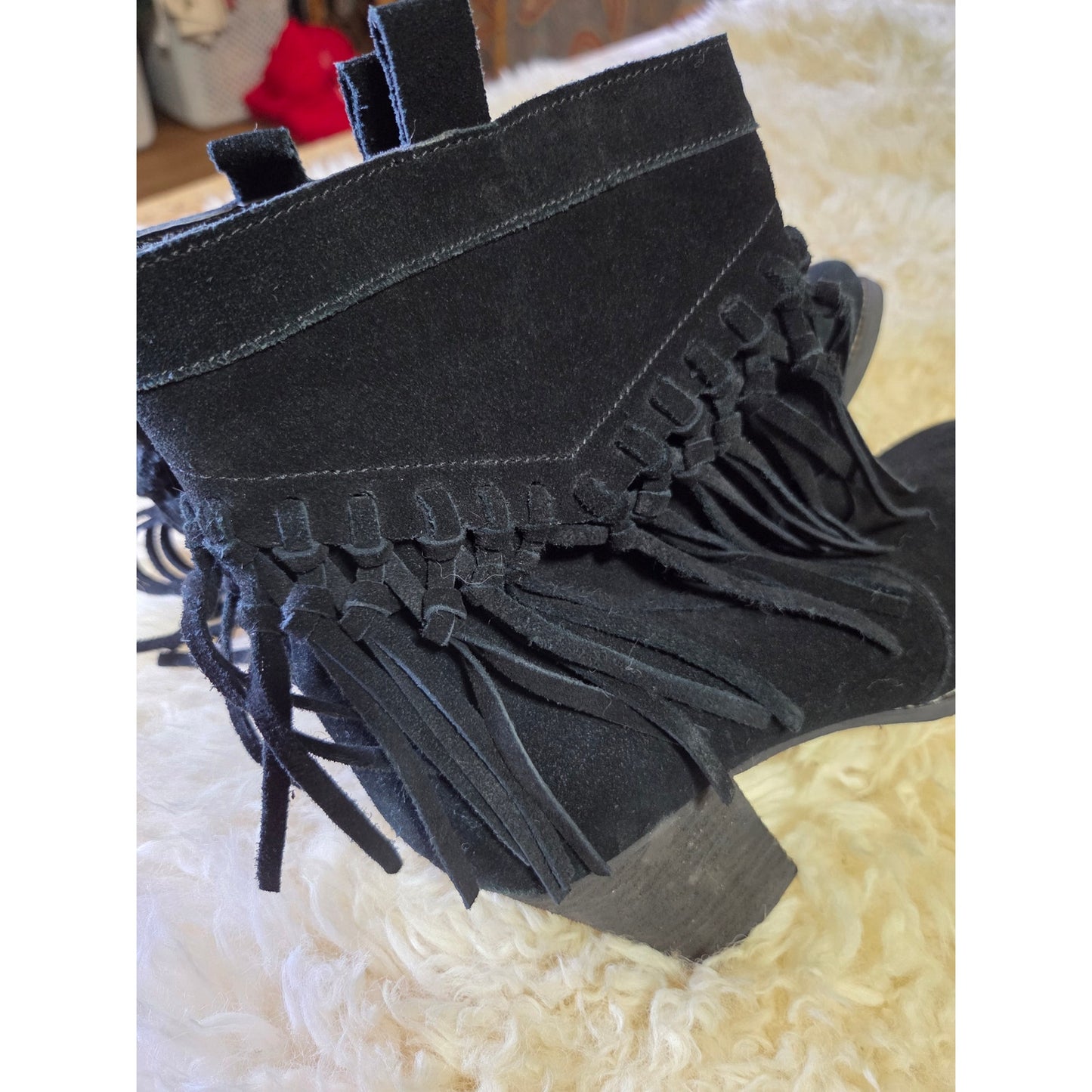 Sbicca Black Suede Leather Western Shortie Booties Fringe Size 9 Fits 9.5