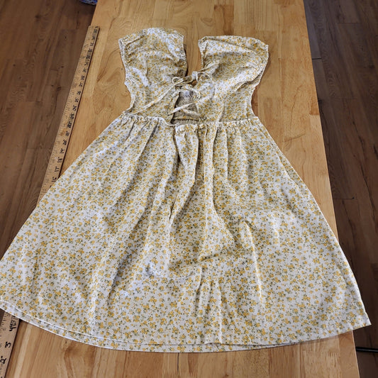 American Eagle Outfitters White Denim Yellow Flower Dress Laced Front Stretch