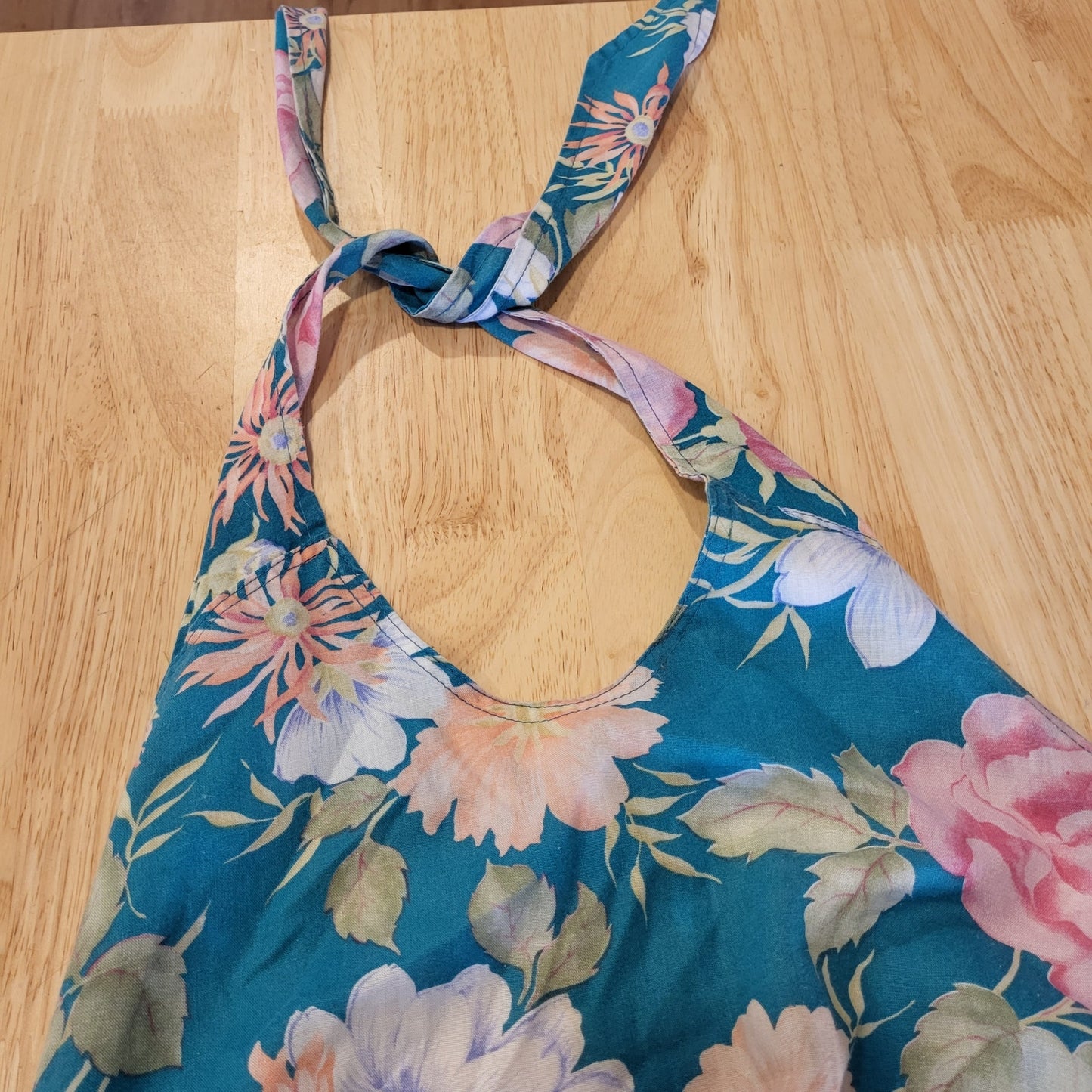 Vintage turquoise Floral halter dress elastic MIDI tie cotton medium