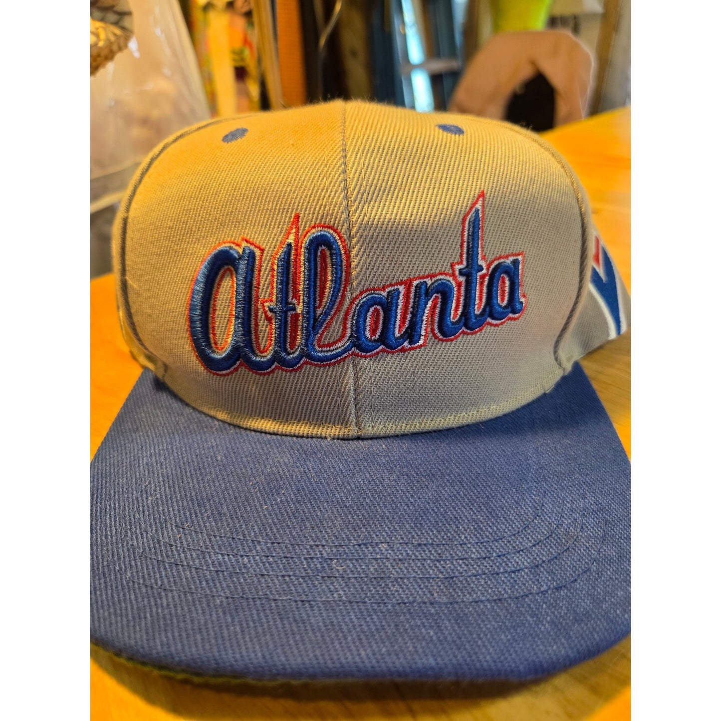 Gray Atlanta snapback baseball hat contrast embroidery blue bill red embroidery
