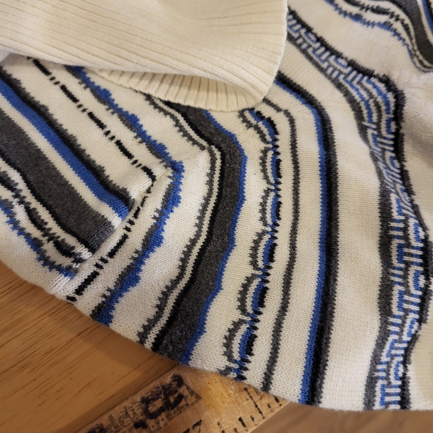 Izod Cotton White Blue Striped Wave Turtle Neck Sweater Large