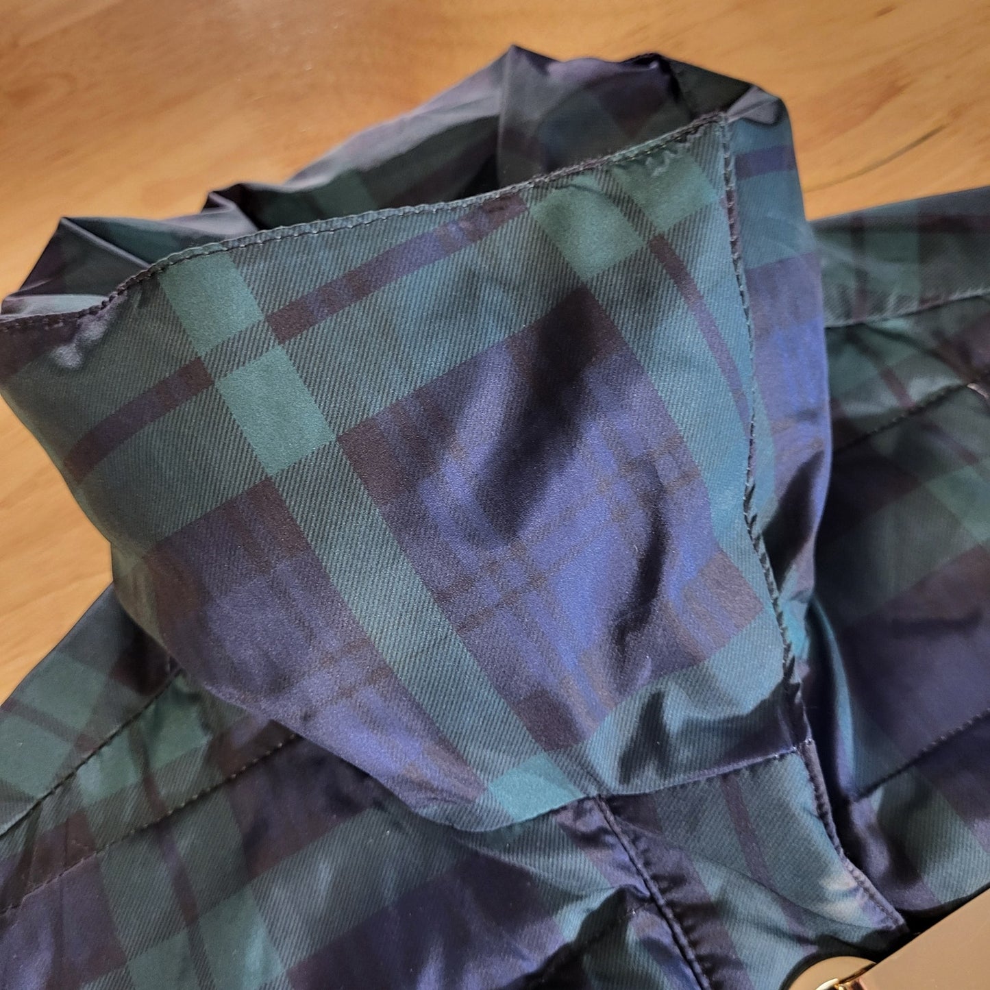 Charter Club Blue Green Plaid Puffer Coat Gold Closures (See slight damage)