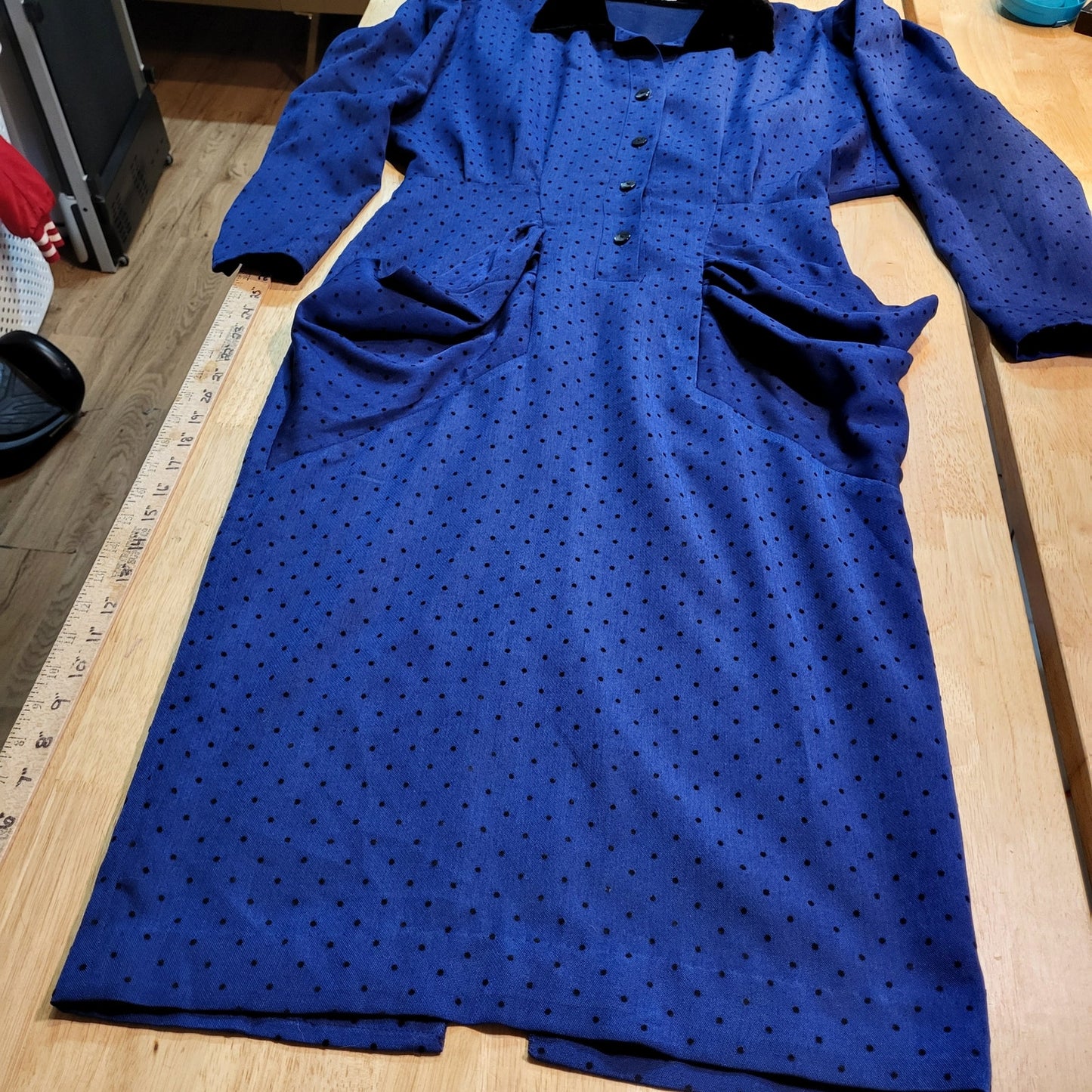 Vintage Blue Black Polka Dot Dress Pockets Collar Pencil Skirt Sprity Sz 38