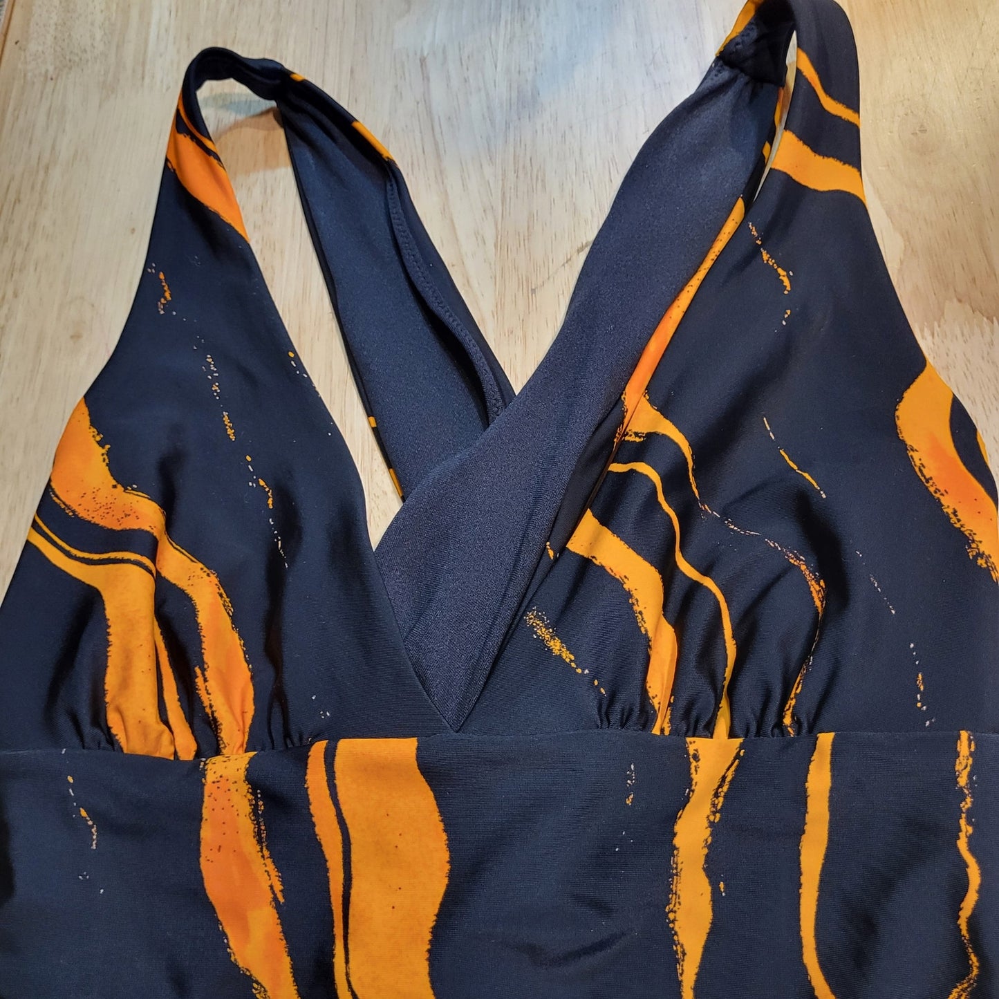 Black One Piece Bathing Suit Orange Lava Stripes 15" P2P Triangle Top