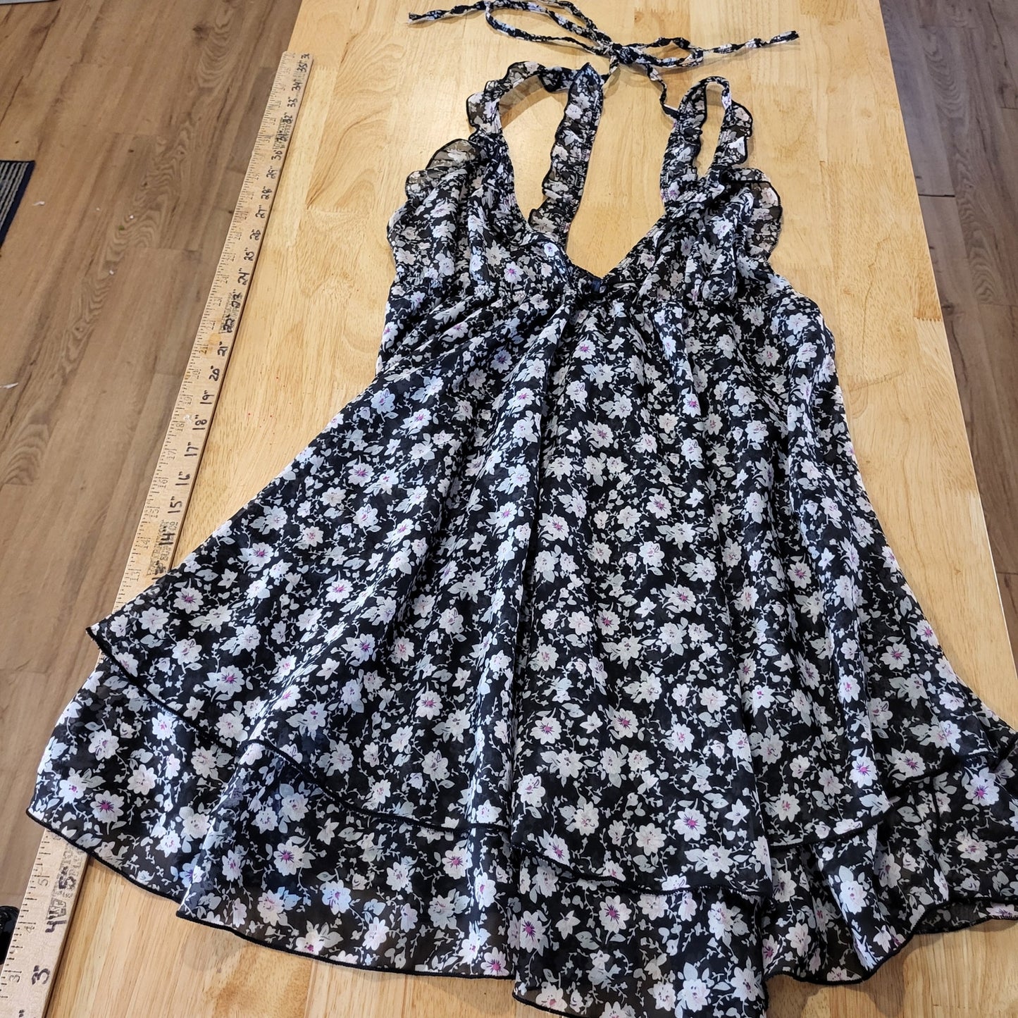 B'Delicious Teddy Dress Black Floral Sleeveless Back Tie Knee Length