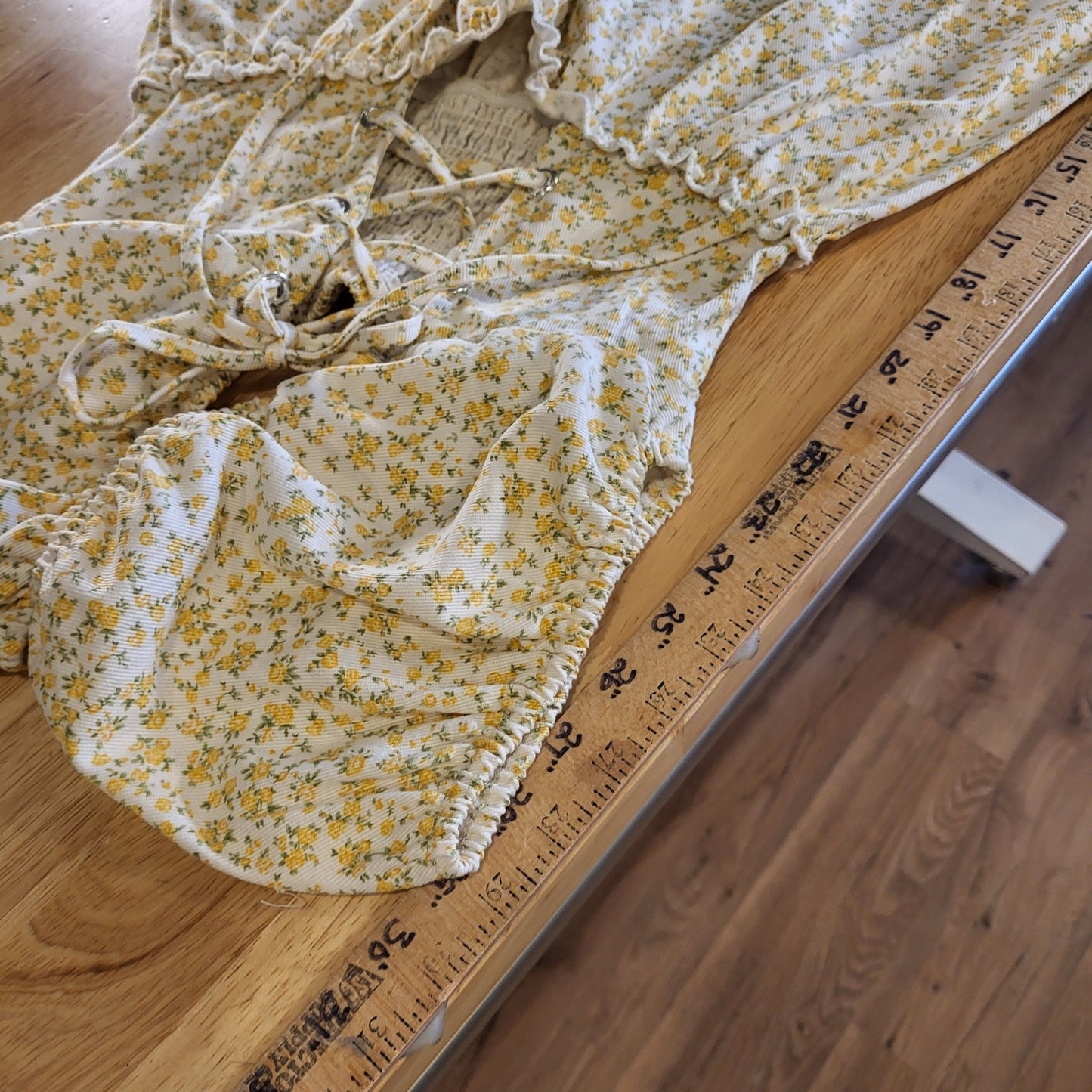 American Eagle Outfitters White Denim Yellow Flower Dress Laced Front Stretch